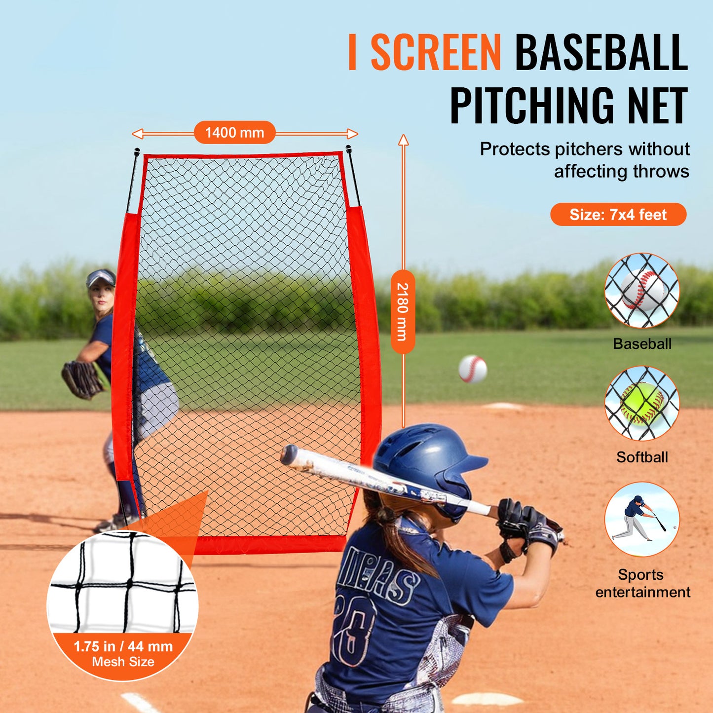 7 x 4 ft. I Screen Baseball Pitching Net Ultralight 9.92 lb., Softball Safety Screen with Carry Bag and Ground Stakes