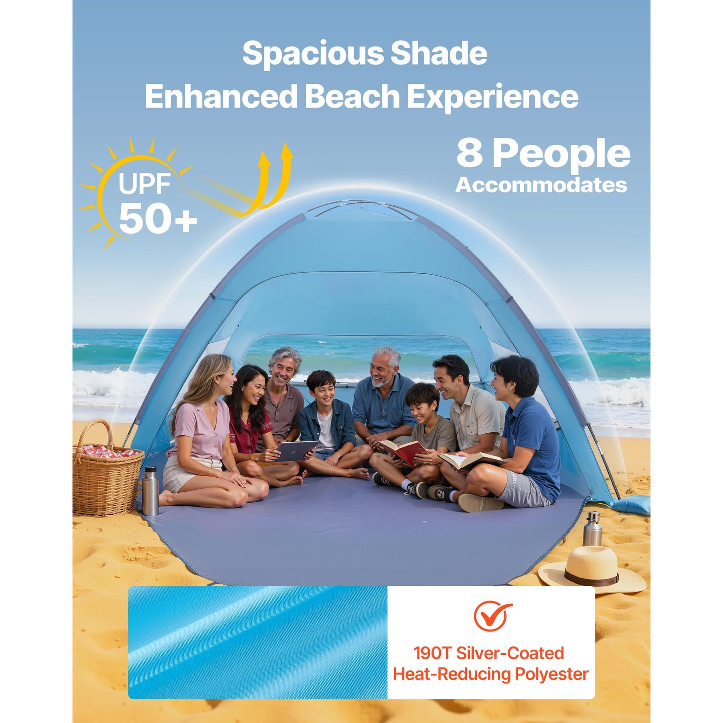 Beach Tent Sun Shelter for 8 Person, UPF 50+ Canopy with Detachable Privacy Curtains, Carrying Bag