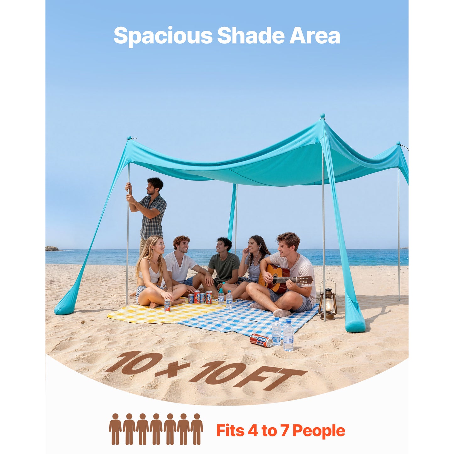 Beach Tent Sun Shelter, 10 x 10 ft. UPF 50+ Pop Up Beach Canopy, 6.6 ft. Tall, with 4 Sandbags, 4 Poles, Sand Shovel