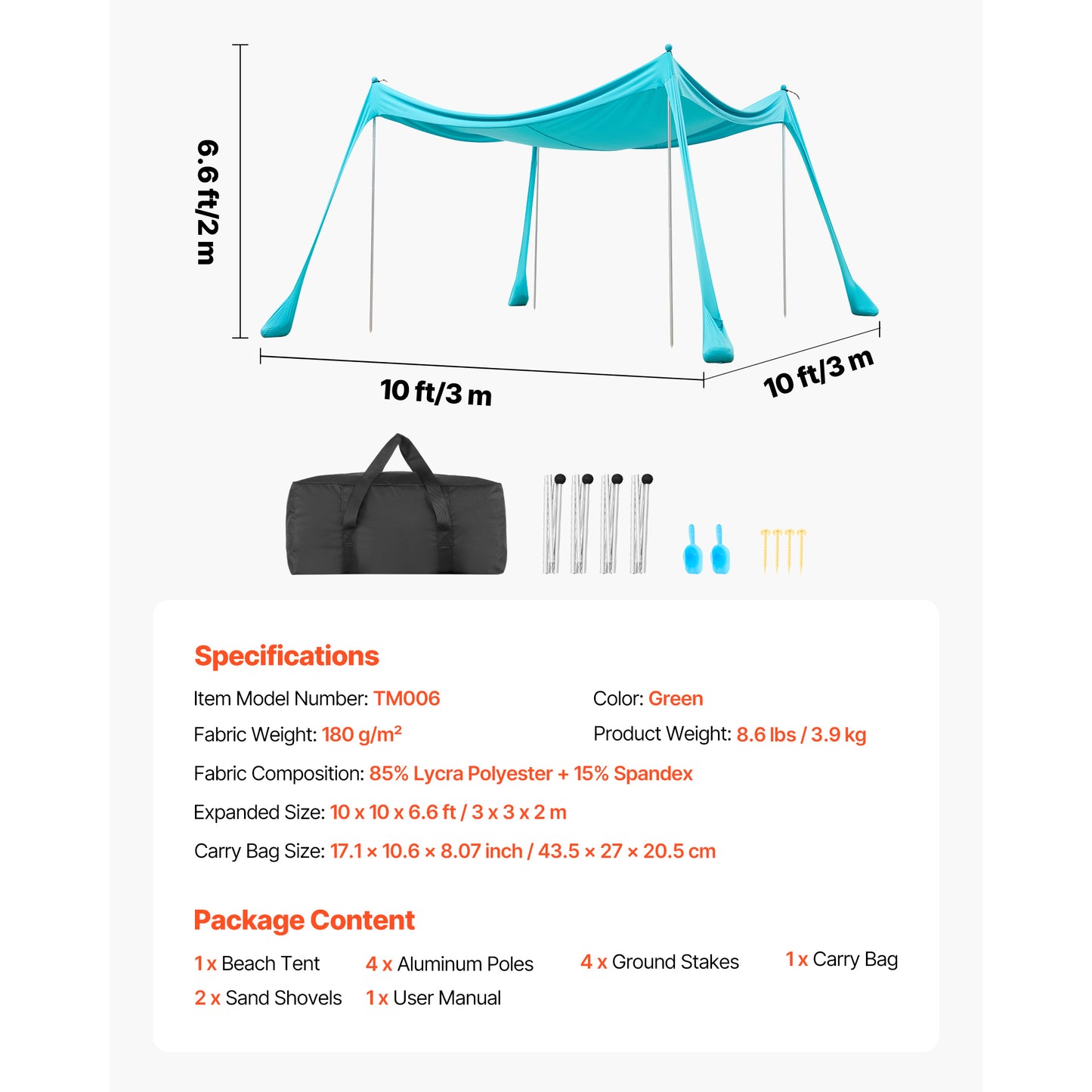Beach Tent Sun Shelter, 10 x 10 ft. UPF 50+ Pop Up Beach Canopy, 6.6 ft. Tall, with 4 Sandbags, 4 Poles, Sand Shovel