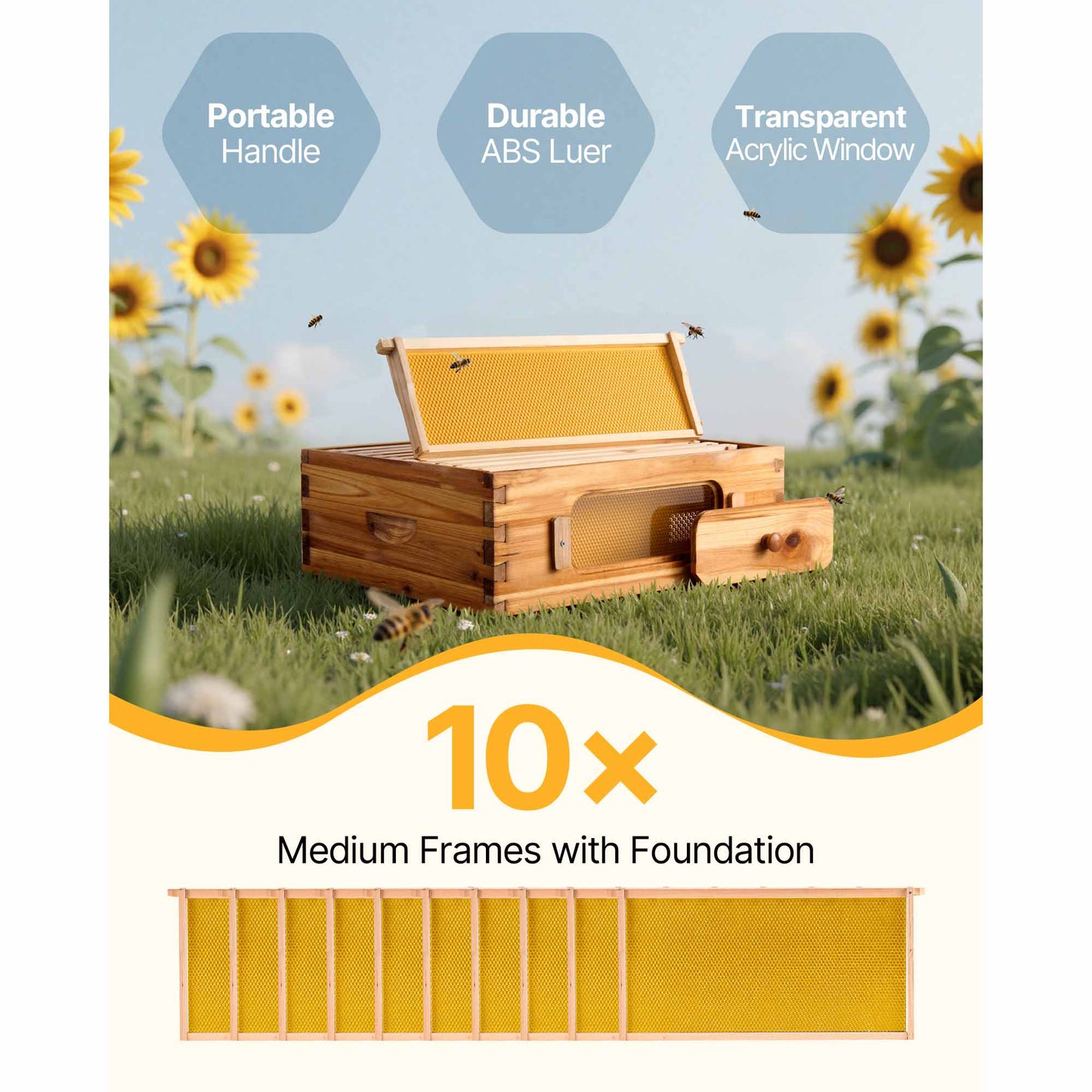 10 Frame Bee Hive Medium Box Starter Kit 100% Beeswax Coated Fir Wood Langstroth Beehive with Acrylic Windows