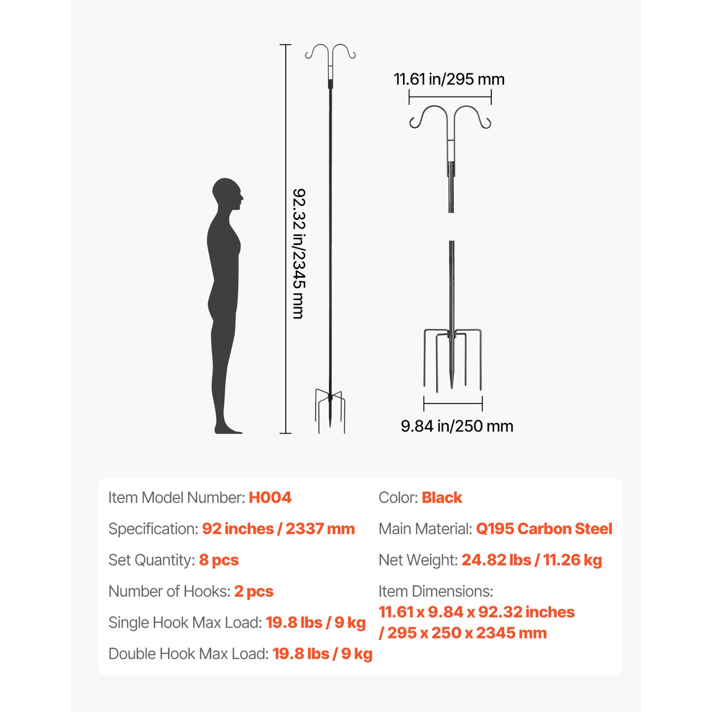 Double Shepherds Hooks 8 Pack 92 in. Tall, 3/4 in. Heavy Duty Bird Feeder Pole Garden Hooks for Plants Lanterns