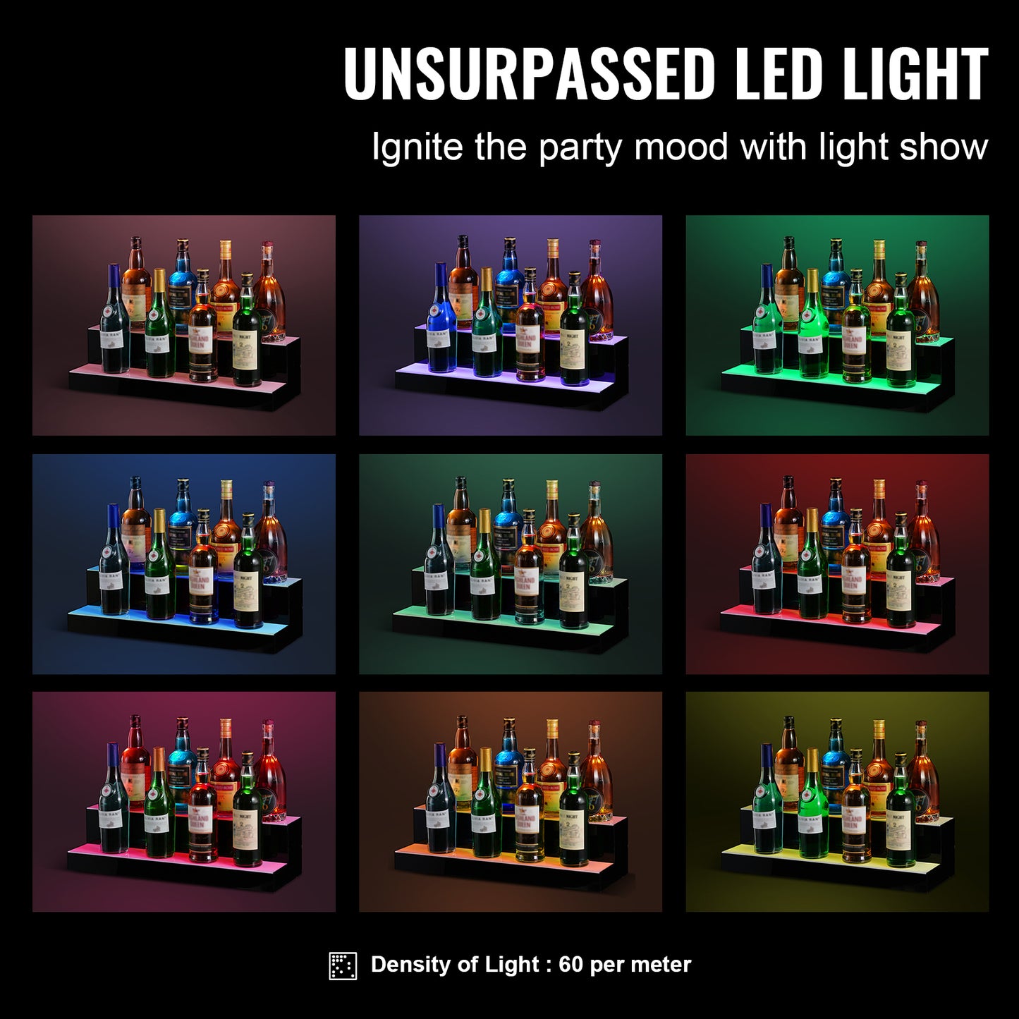 Lighted Liquor Bottle Display 24 in., 2-Tier LED Bar Shelf Riser, Acrylic Whiskey Stand, RF  App Control