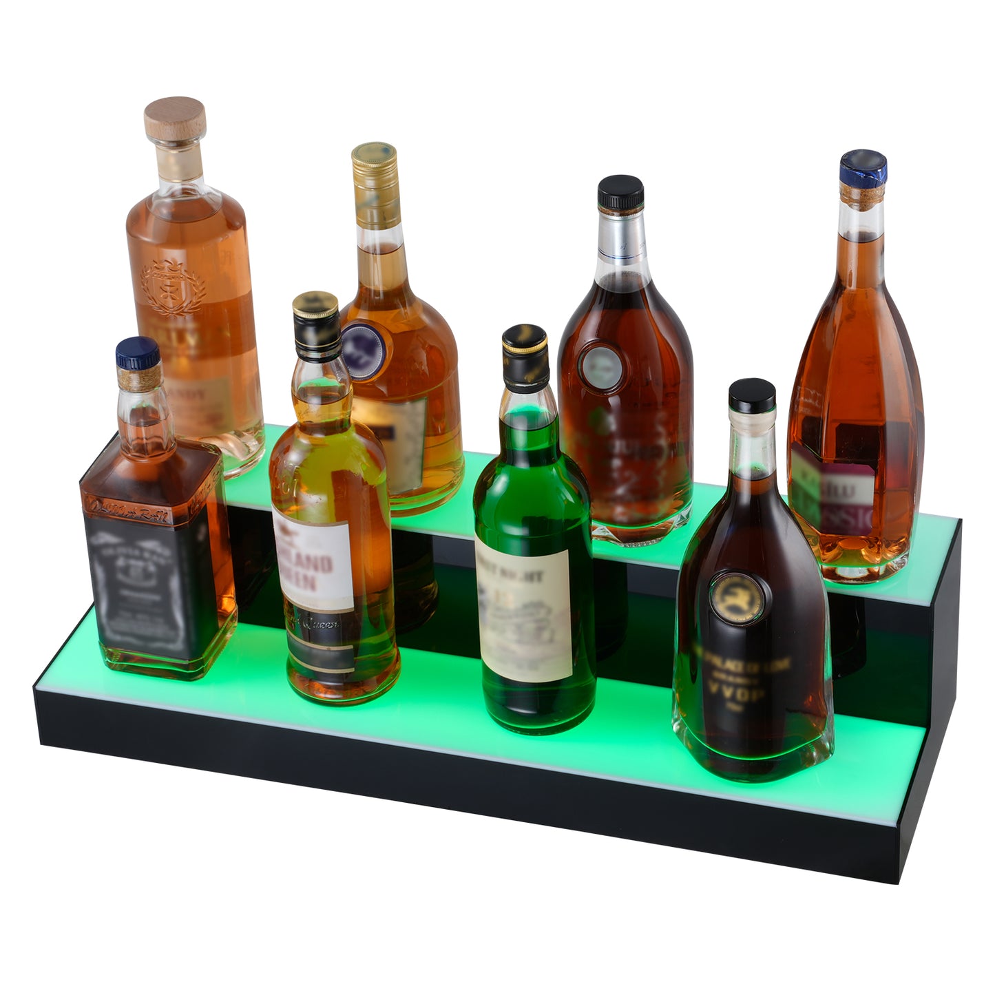 Lighted Liquor Bottle Display 24 in., 2-Tier LED Bar Shelf Riser, Acrylic Whiskey Stand, RF  App Control