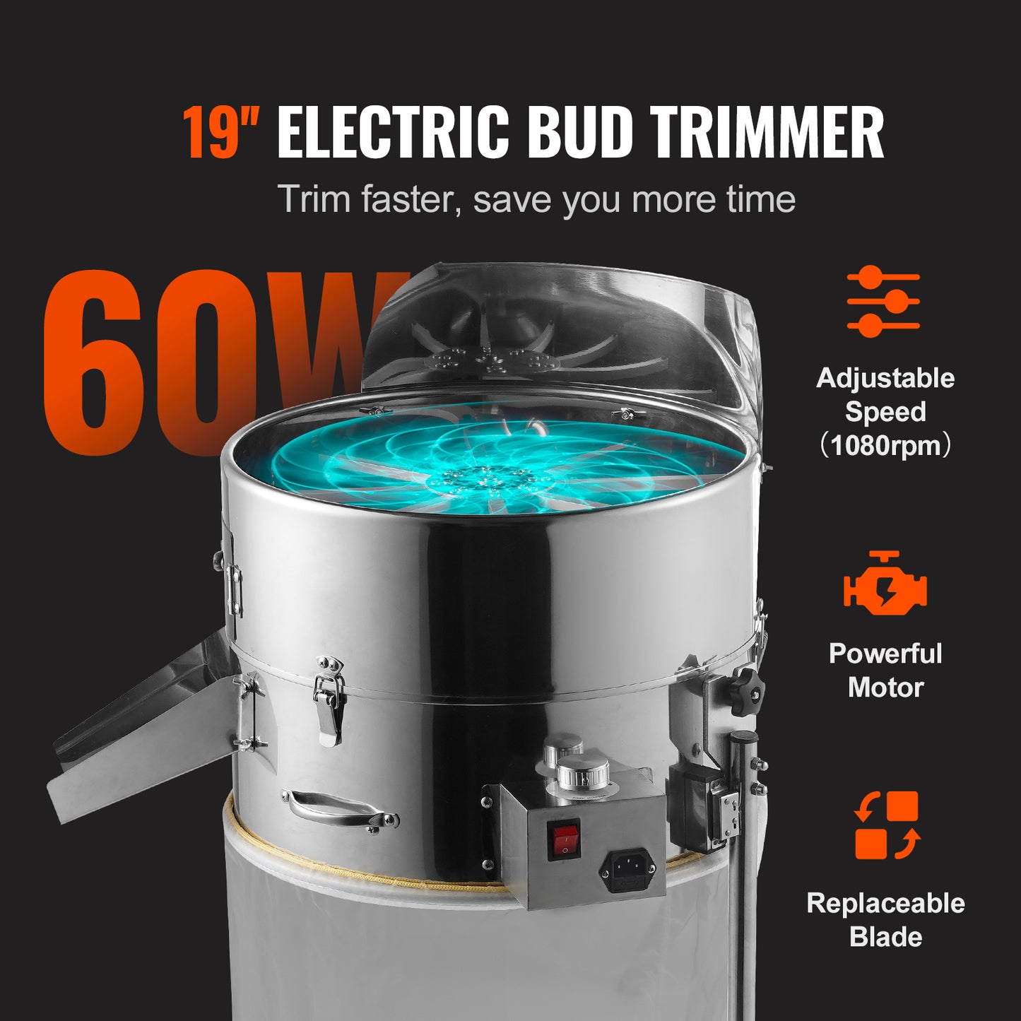 Electric Bud Trimmer 18 in., Tilting Leaf Trimmer Machine with 60 W Variable Speed, Stainless Steel Blades and Mesh Bag