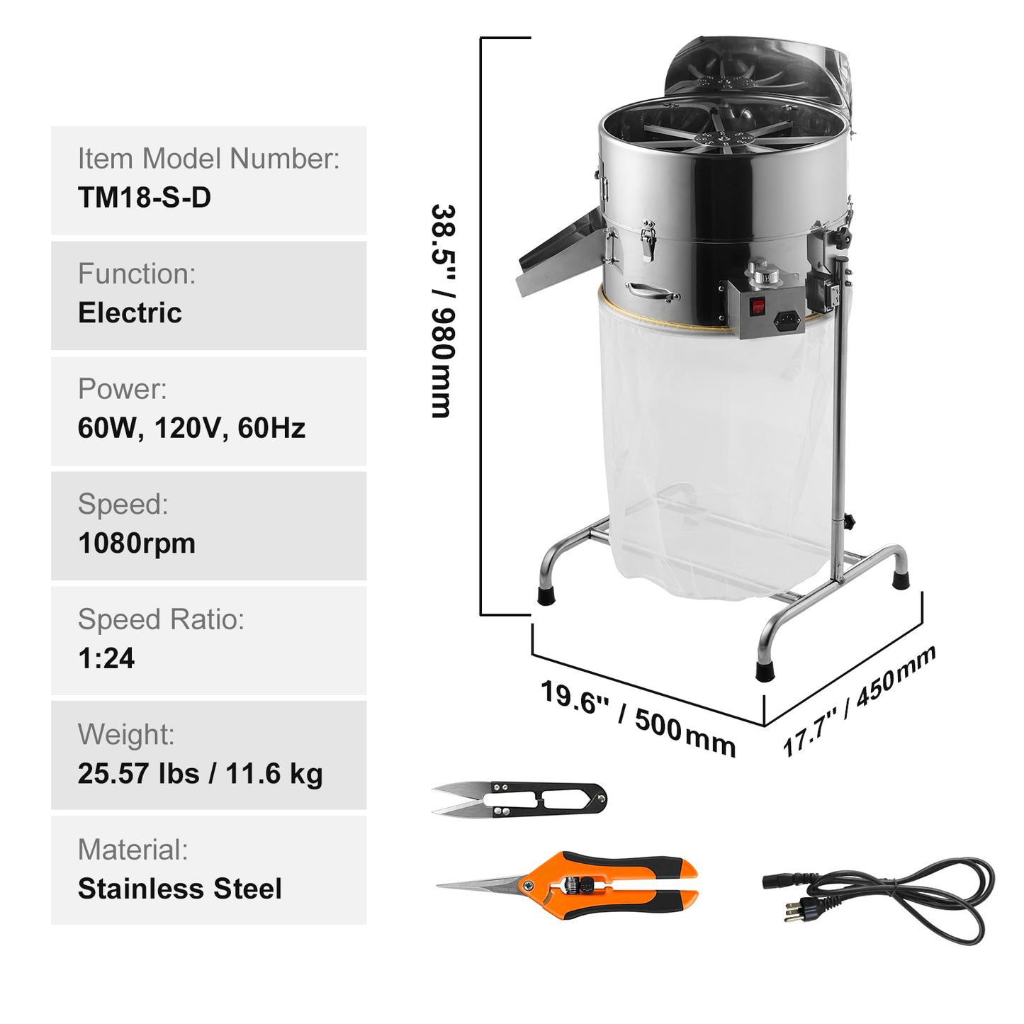 Electric Bud Trimmer 18 in., Tilting Leaf Trimmer Machine with 60 W Variable Speed, Stainless Steel Blades and Mesh Bag