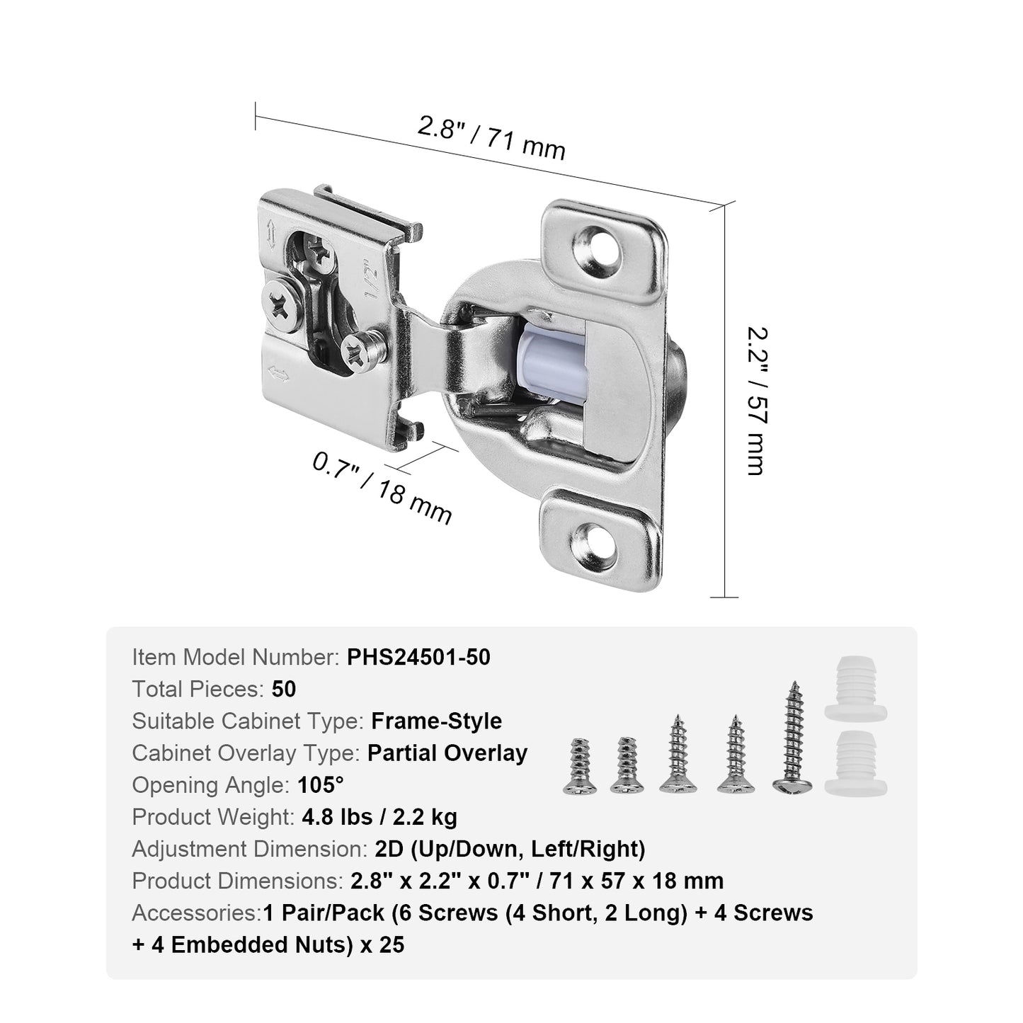Cabinet Hinges, 50 Packs Partial Overlay Kitchen Cabinet Door Hinges, 105 Degree Opening Angel Soft Close Concealed Cupboard Hinges for Framed Cabinet Type, with Mounting Screws