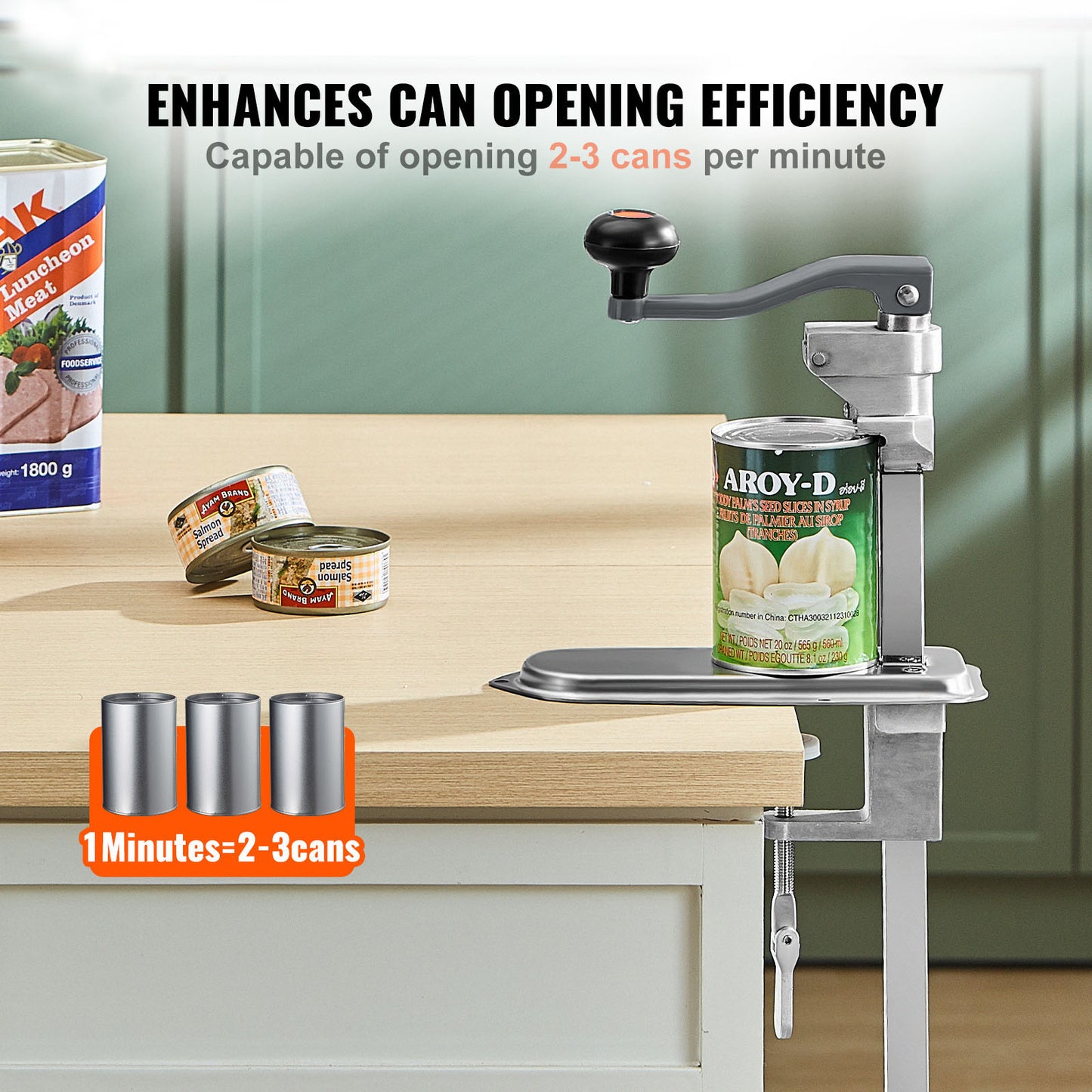 Manual Can Opener for Big Cans, Table-Mounted Commercial Can Opener, Height-Adjustable, Opens Cans Up to 15.7 in.
