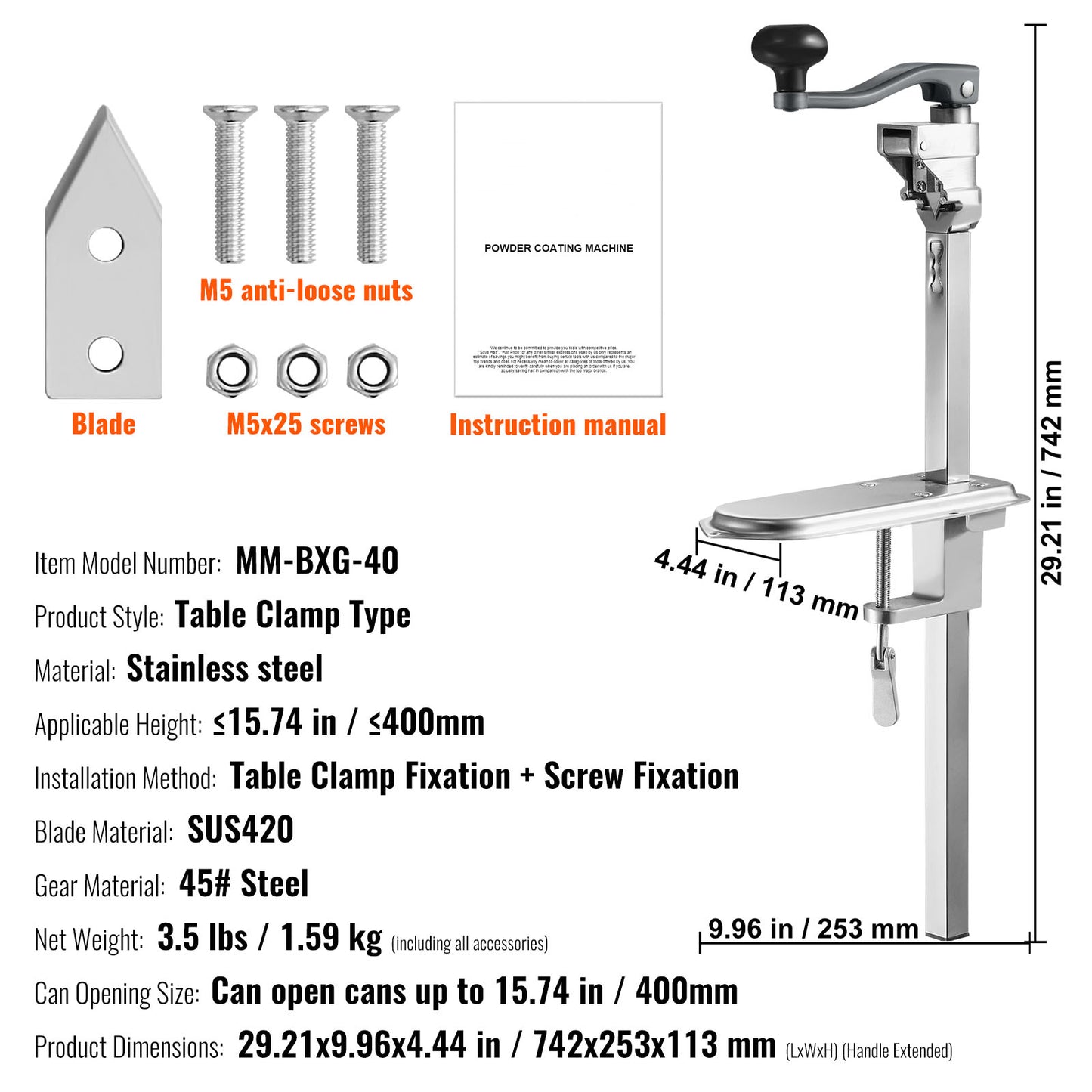 Manual Can Opener for Big Cans, Table-Mounted Commercial Can Opener, Height-Adjustable, Opens Cans Up to 15.7 in.