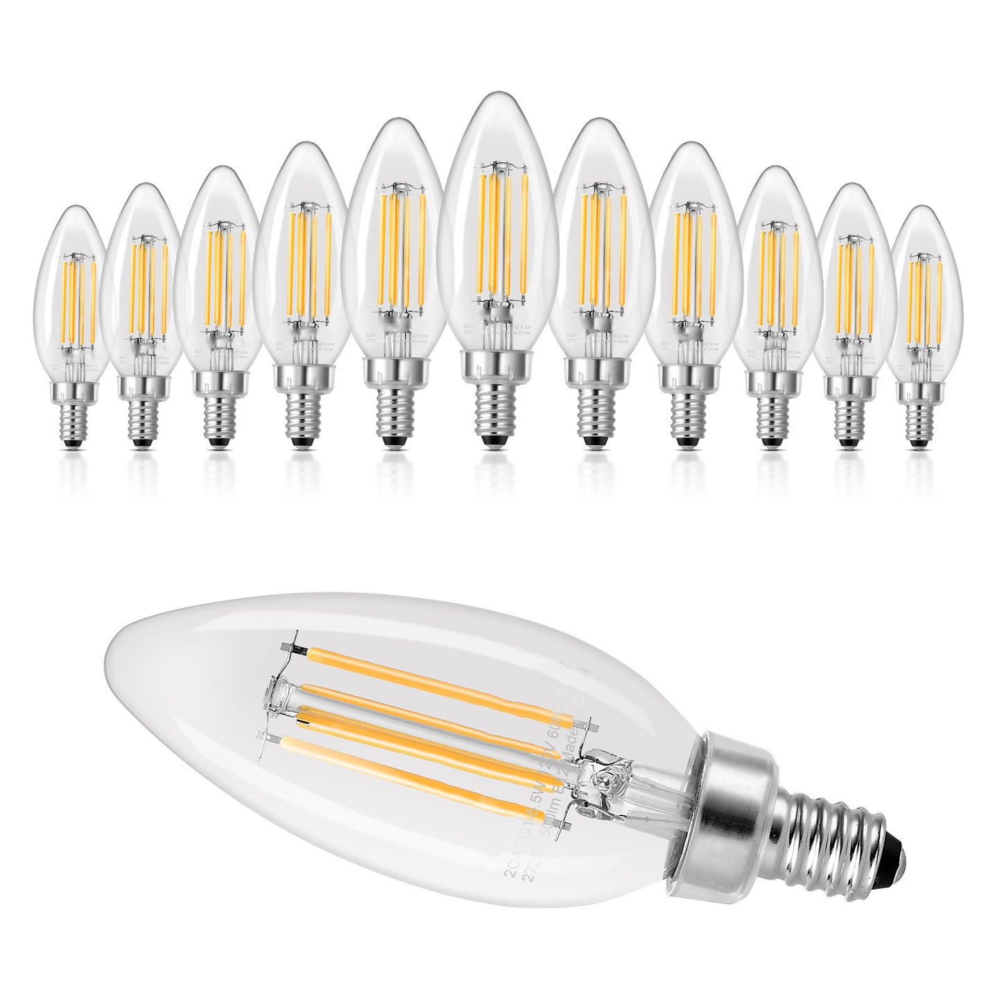 LED Candelabra Bulbs, 12 Pack, Dimmable E12 Base, Clear Glass, 2725K Warm Light, 90+ CRI