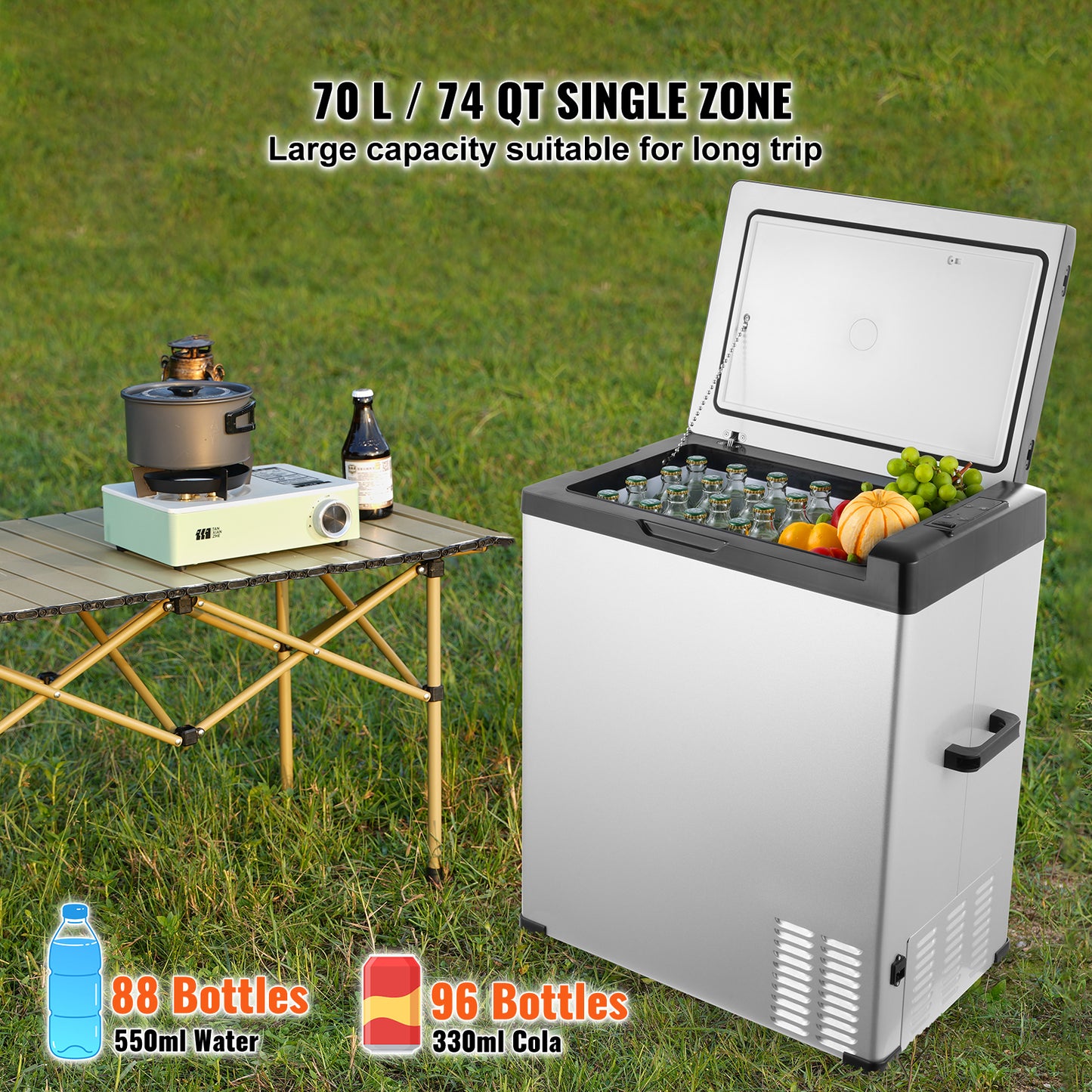70 L 12 Volt Car Refrigerator Fridge, Single Zone Portable Freezer, -4 to 68 F, 12/24V DC 100-240V AC Cooler for RV