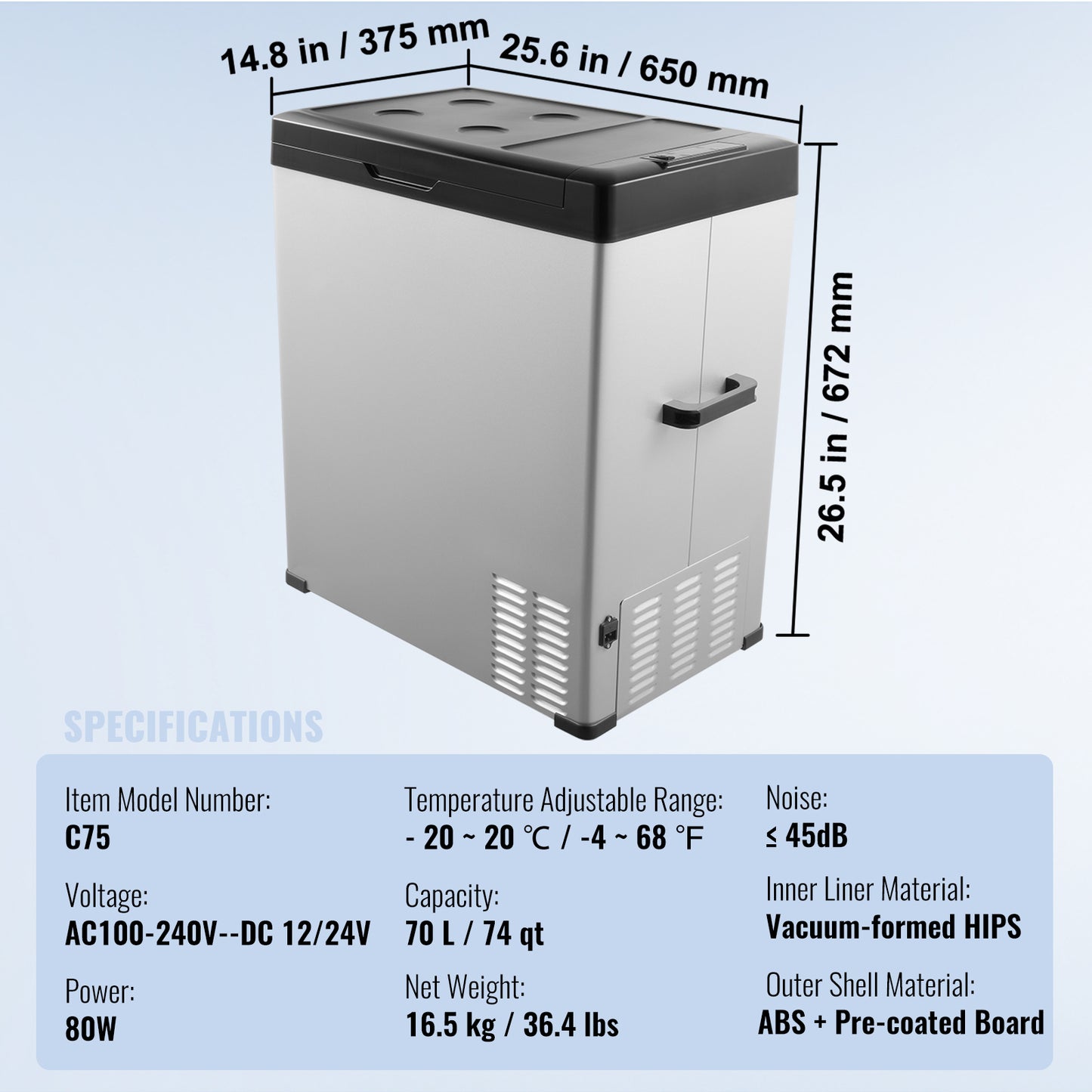 70 L 12 Volt Car Refrigerator Fridge, Single Zone Portable Freezer, -4 to 68 F, 12/24V DC 100-240V AC Cooler for RV
