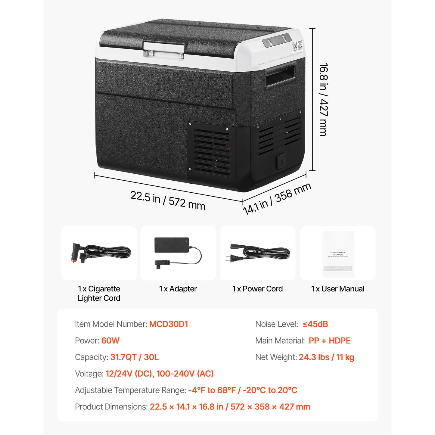 12V Car Refrigerator 31.7 qt., -4¡ãF to 68¡ãF Portable Compressor Fridge, 12/24V DC + 100-240V AC, RV Camping Cooler