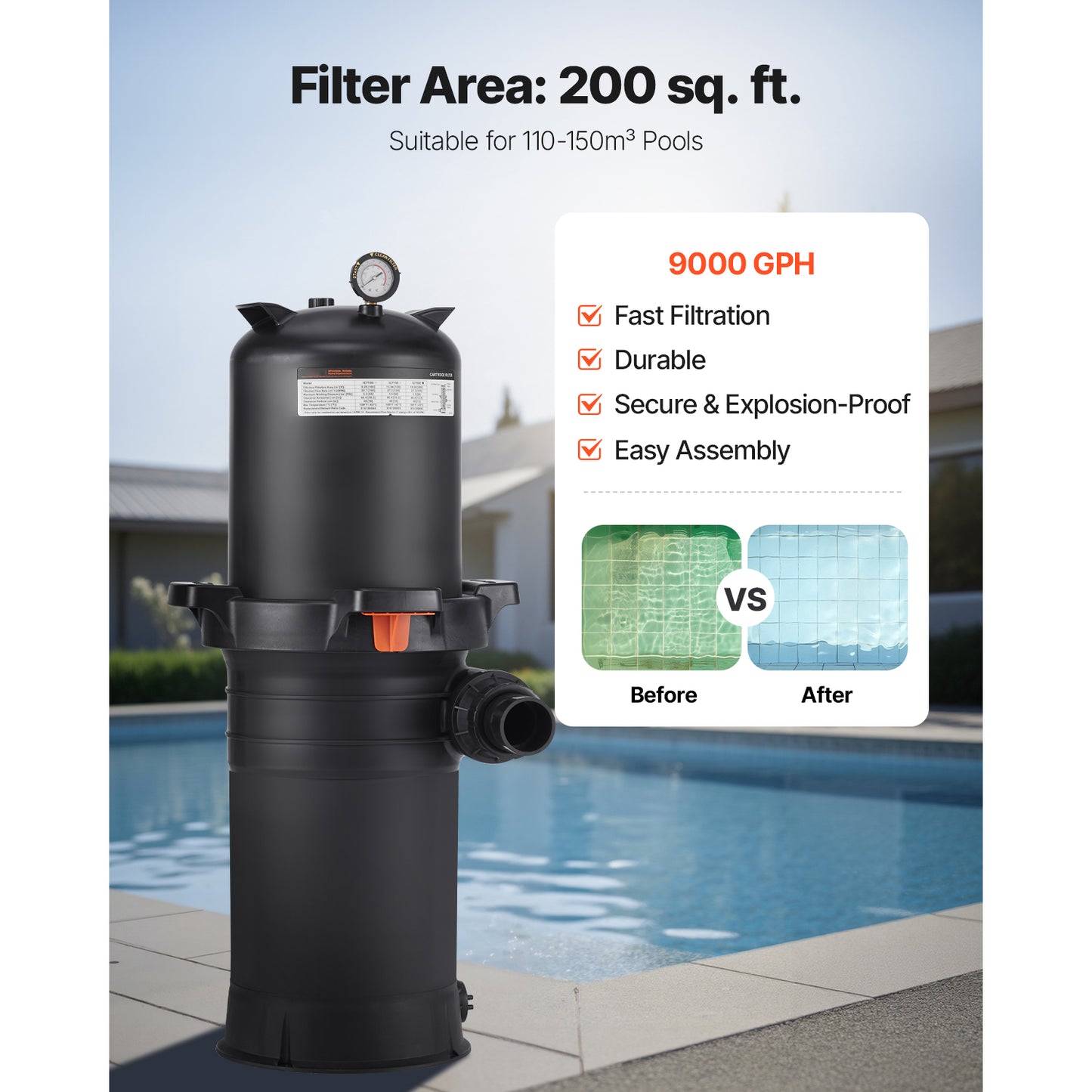 Cartridge Pool Filter, 200 sq. ft. Filter Area, 9000 GPH Swimming Pool Filtration System with 6-Way Valve
