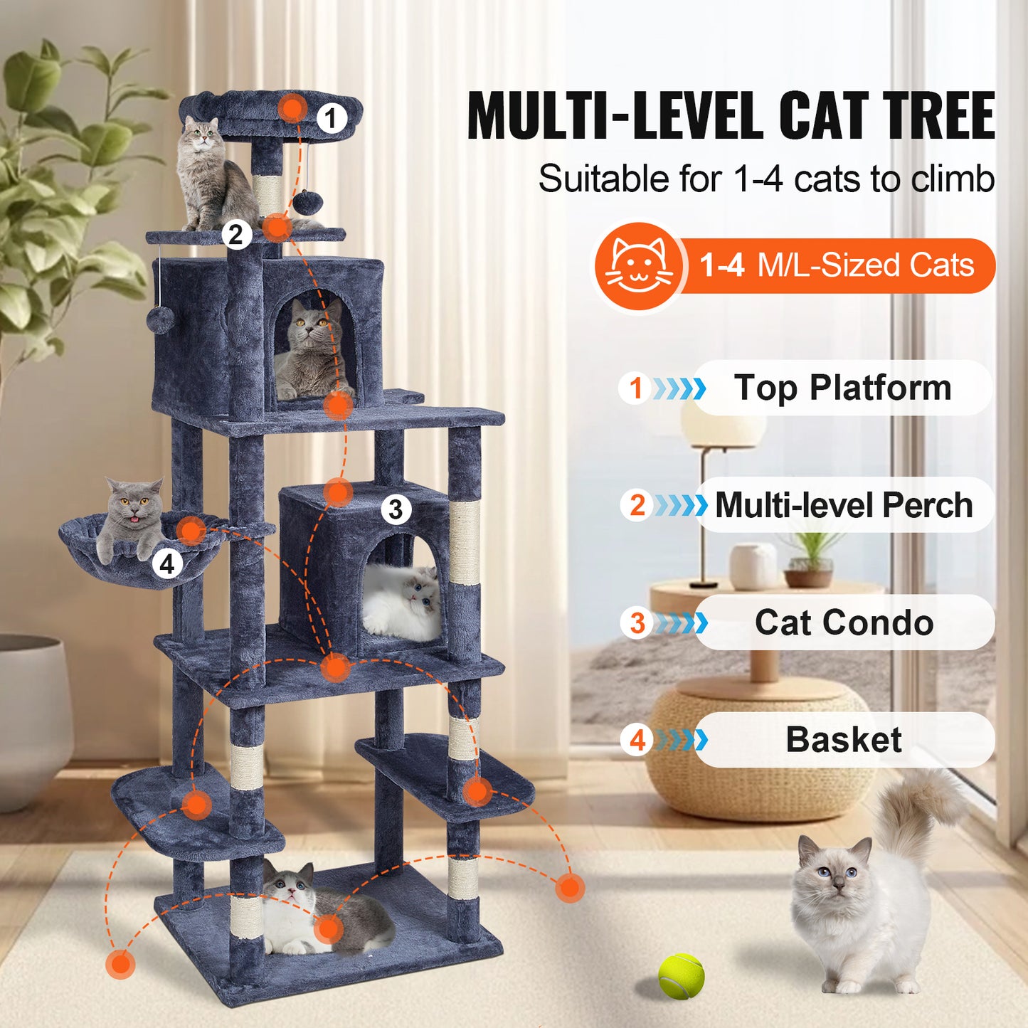 68.5 in. Cat Tree Tower for Indoor Cats, 2 Cat Condos, Sisal Post, Hammock, Top Perch, Hang Ball, Dark Grey