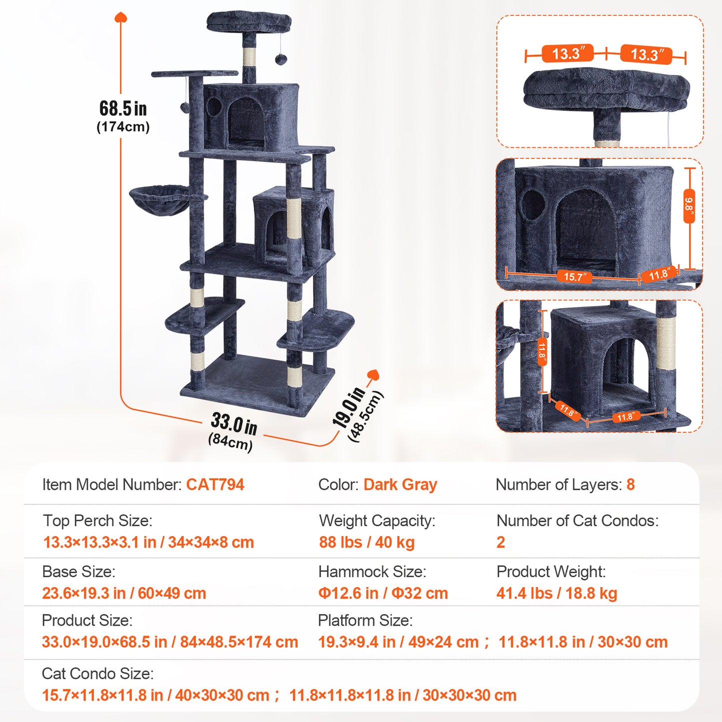 68.5 in. Cat Tree Tower for Indoor Cats, 2 Cat Condos, Sisal Post, Hammock, Top Perch, Hang Ball, Dark Grey