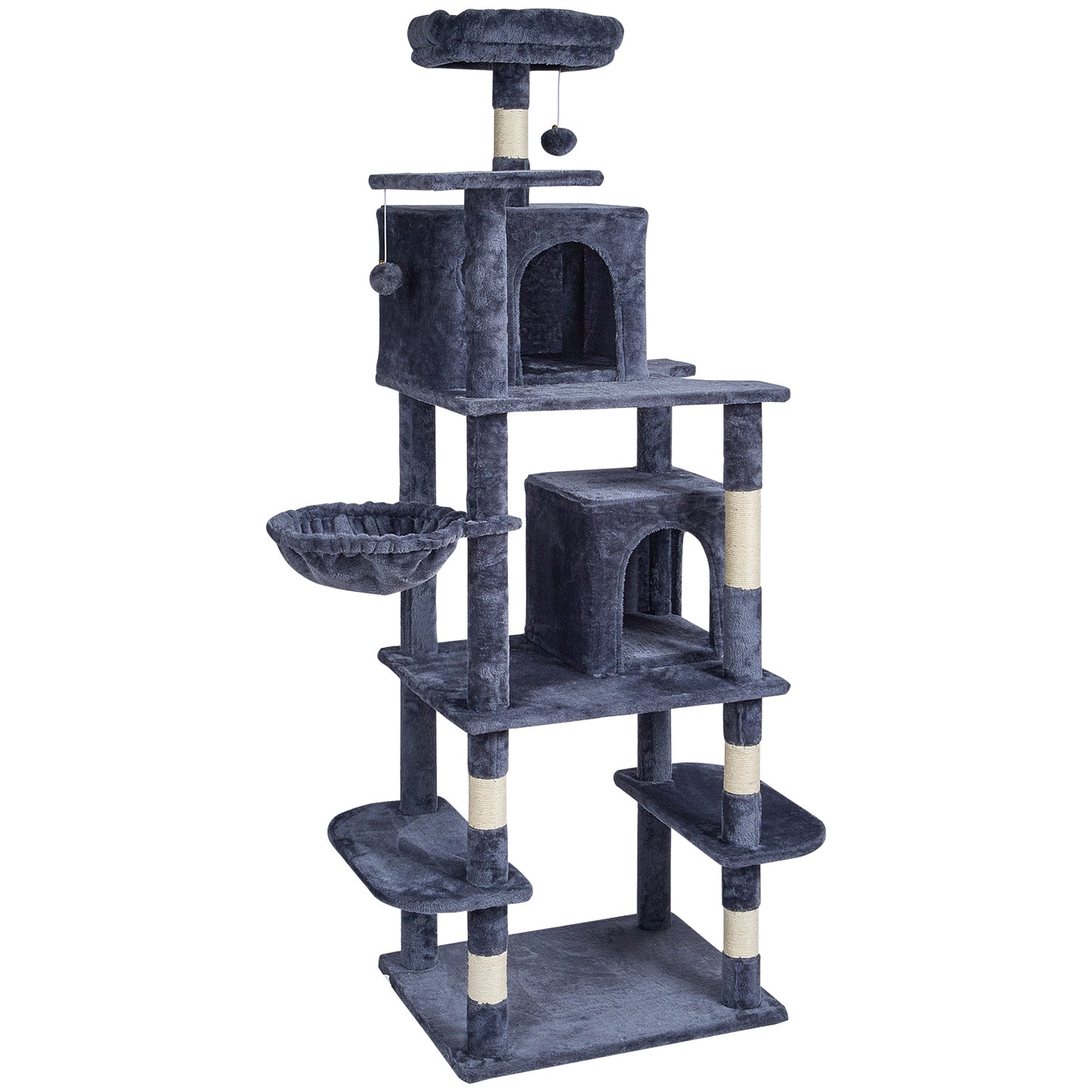 68.5 in. Cat Tree Tower for Indoor Cats, 2 Cat Condos, Sisal Post, Hammock, Top Perch, Hang Ball, Dark Grey