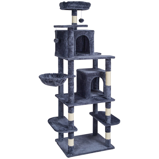68.5 in. Cat Tree Tower for Indoor Cats, 2 Cat Condos, Sisal Post, Hammock, Top Perch, Hang Ball, Dark Grey