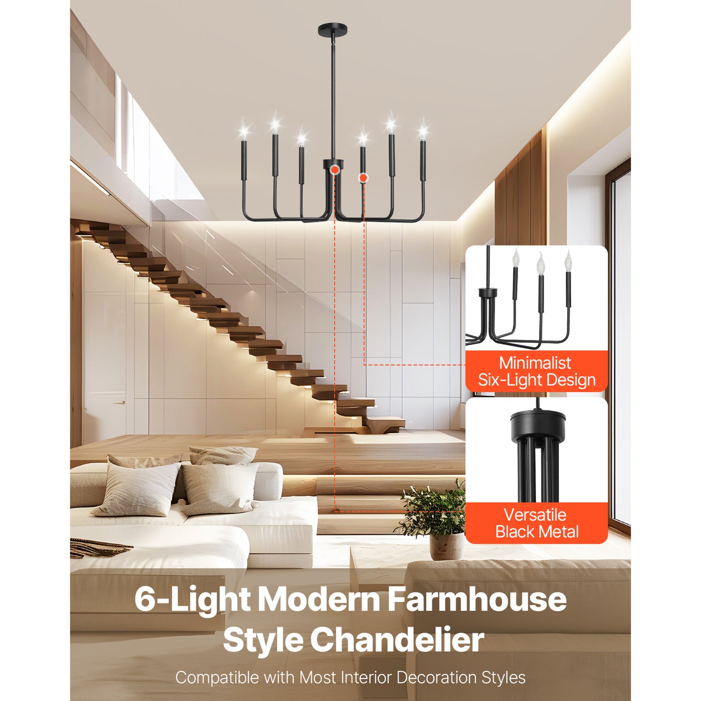 6-Light Black Adjustable Metal Frame Spider Design Chandelier for Dining Room and Living Room with Bulbs Not Included