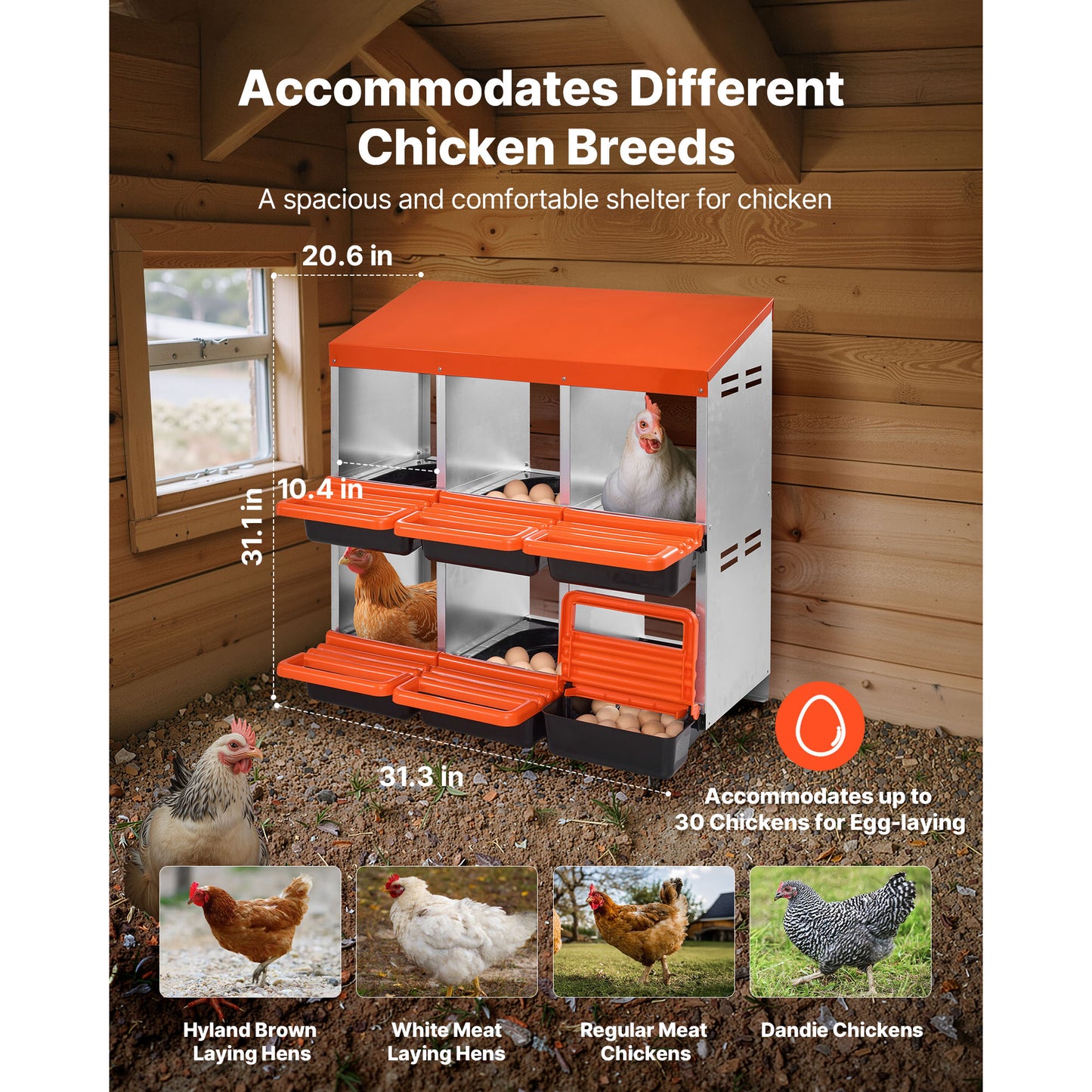 6-Compartment Chicken Nesting Box Metal Nest Box with Inclined Trays and Resting Platform 31.3 in.