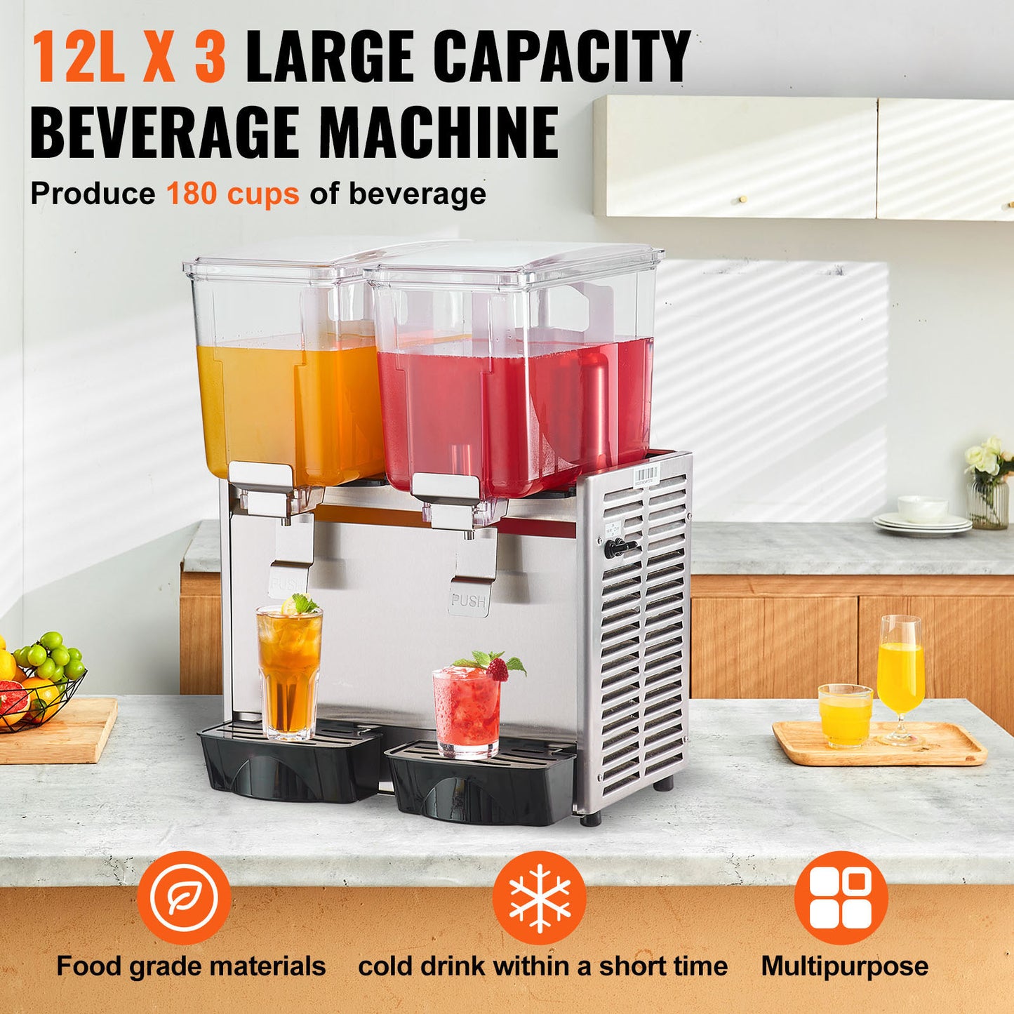 Commercial Beverage Dispenser, 13.6 qt 3-Tank Refrigerated Drink Machine, 304 Stainless Steel Cold Juice Dispenser