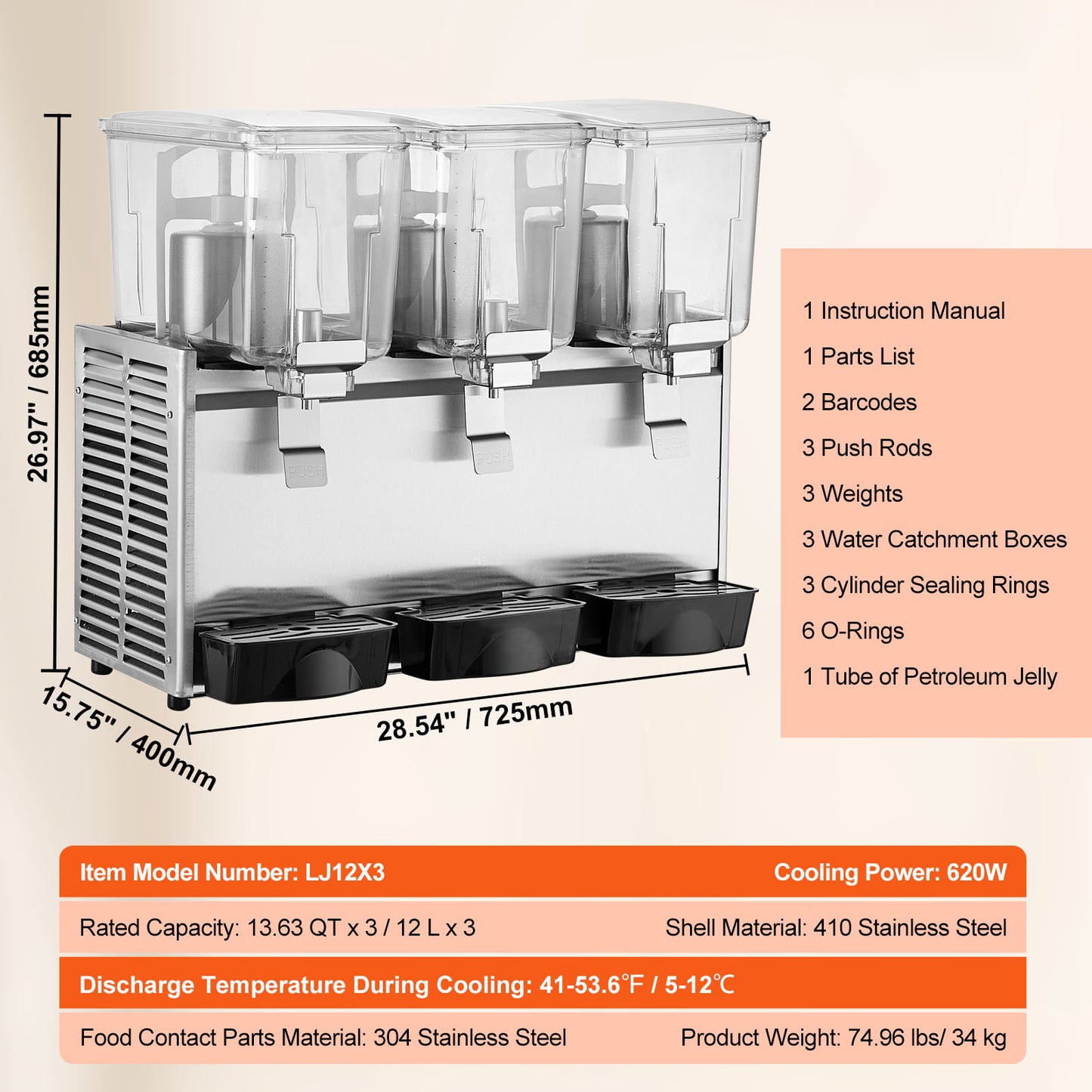 Commercial Beverage Dispenser, 13.6 qt 3-Tank Refrigerated Drink Machine, 304 Stainless Steel Cold Juice Dispenser