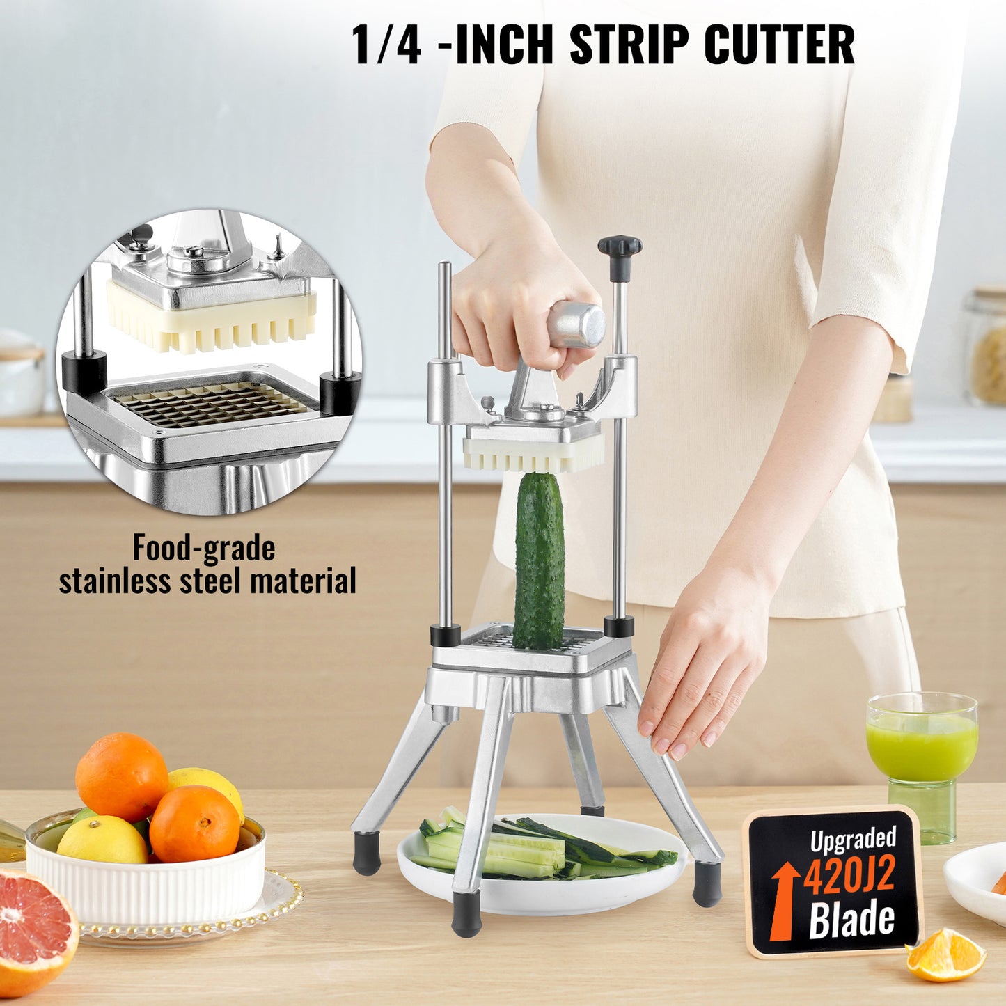 Commercial Vegetable Chopper 0.25 in. Blade, Heavy-Duty French Fry Cutter and Potato Dicer, Stainless Steel Food Slicer