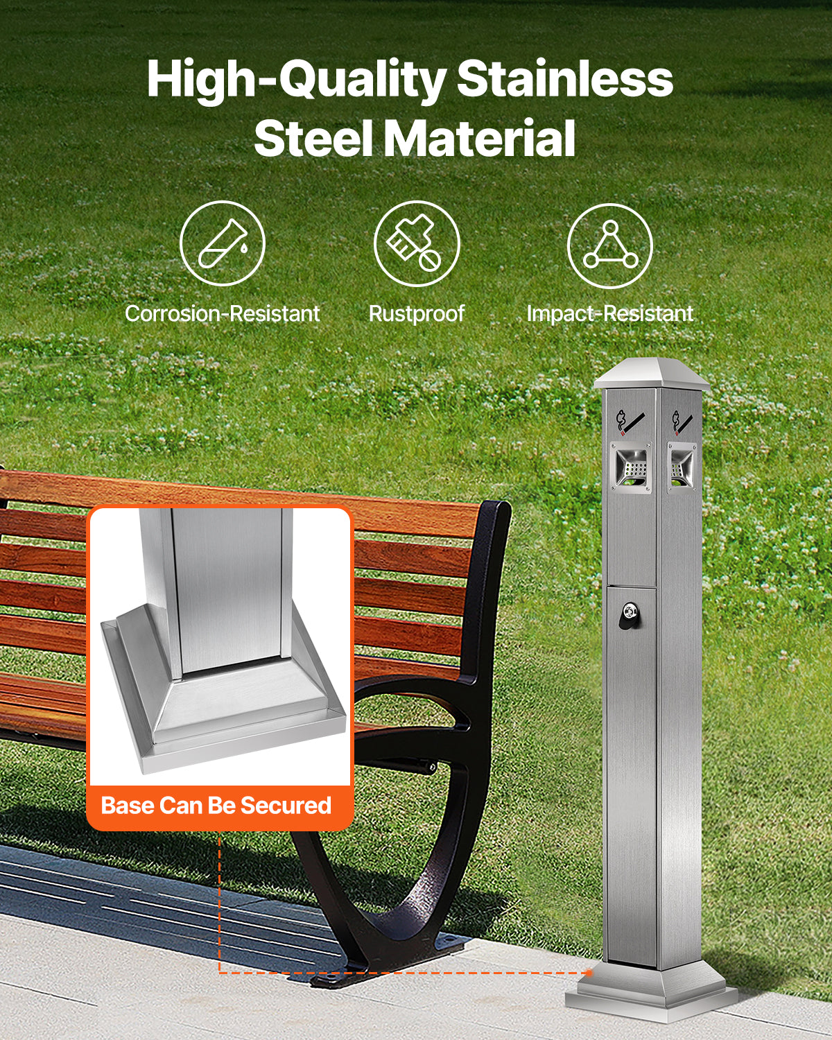Square Cigarette Butt Receptacle, 42.52 in. Stainless Steel Outdoor Ashtray with 4 Disposal Openings, Silver