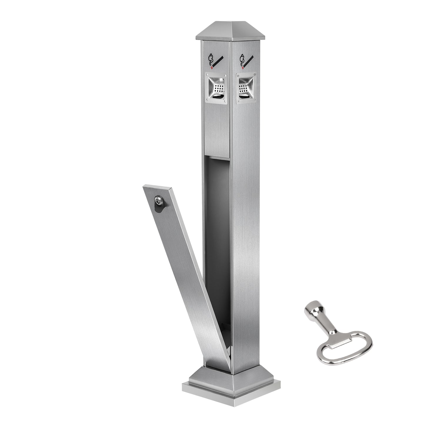 Square Cigarette Butt Receptacle, 42.52 in. Stainless Steel Outdoor Ashtray with 4 Disposal Openings, Silver