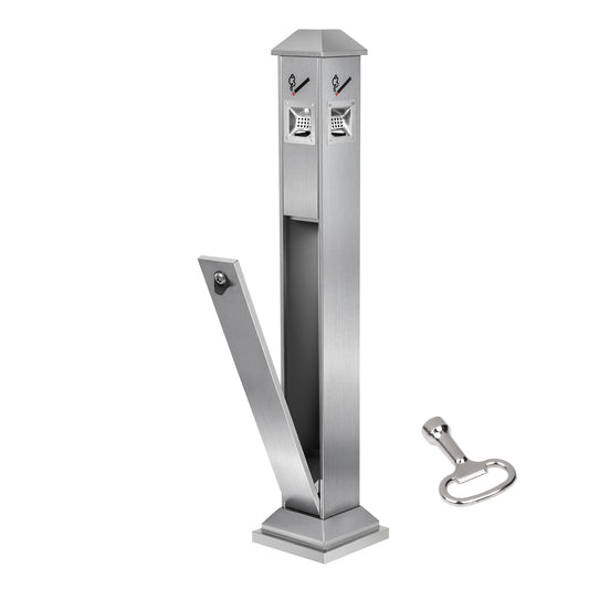 Square Cigarette Butt Receptacle, 42.52 in. Stainless Steel Outdoor Ashtray with 4 Disposal Openings, Silver