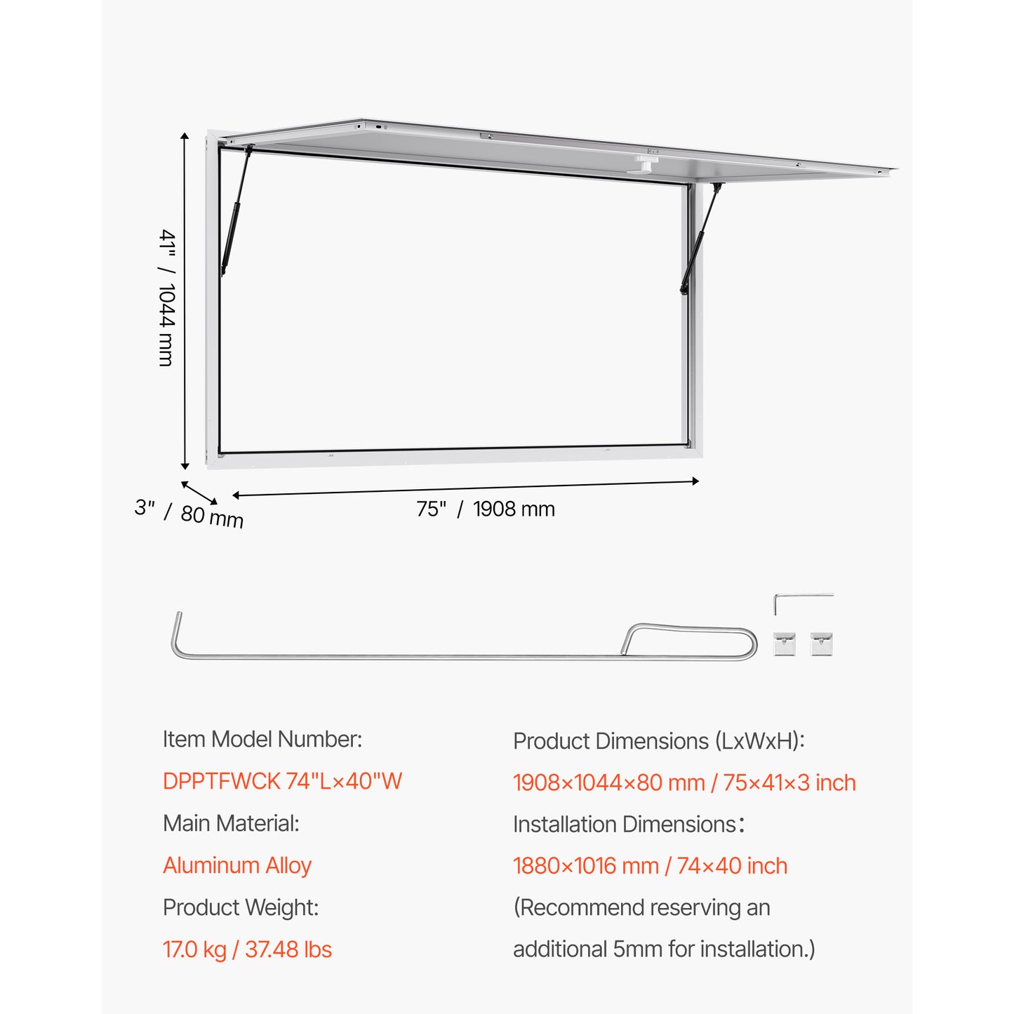 Concession Window 74 x 40 in., Aluminum Service Window for Food Truck, 85 Degree Awning Door, Hydraulic
