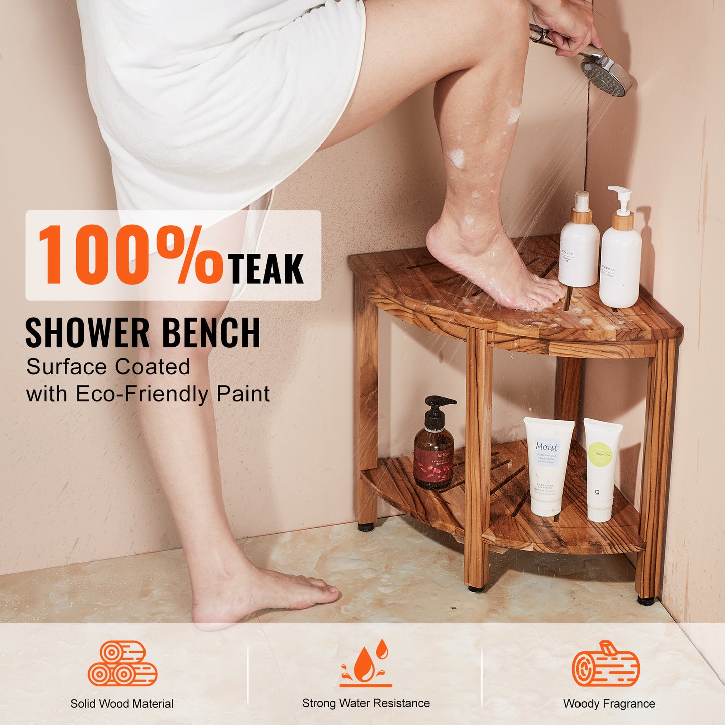 Corner Teak Shower Bench 18.5 in. H, 15.5 in. Radius, 500 lb. Heavy-Duty Teak Stool with 2-Tier Storage