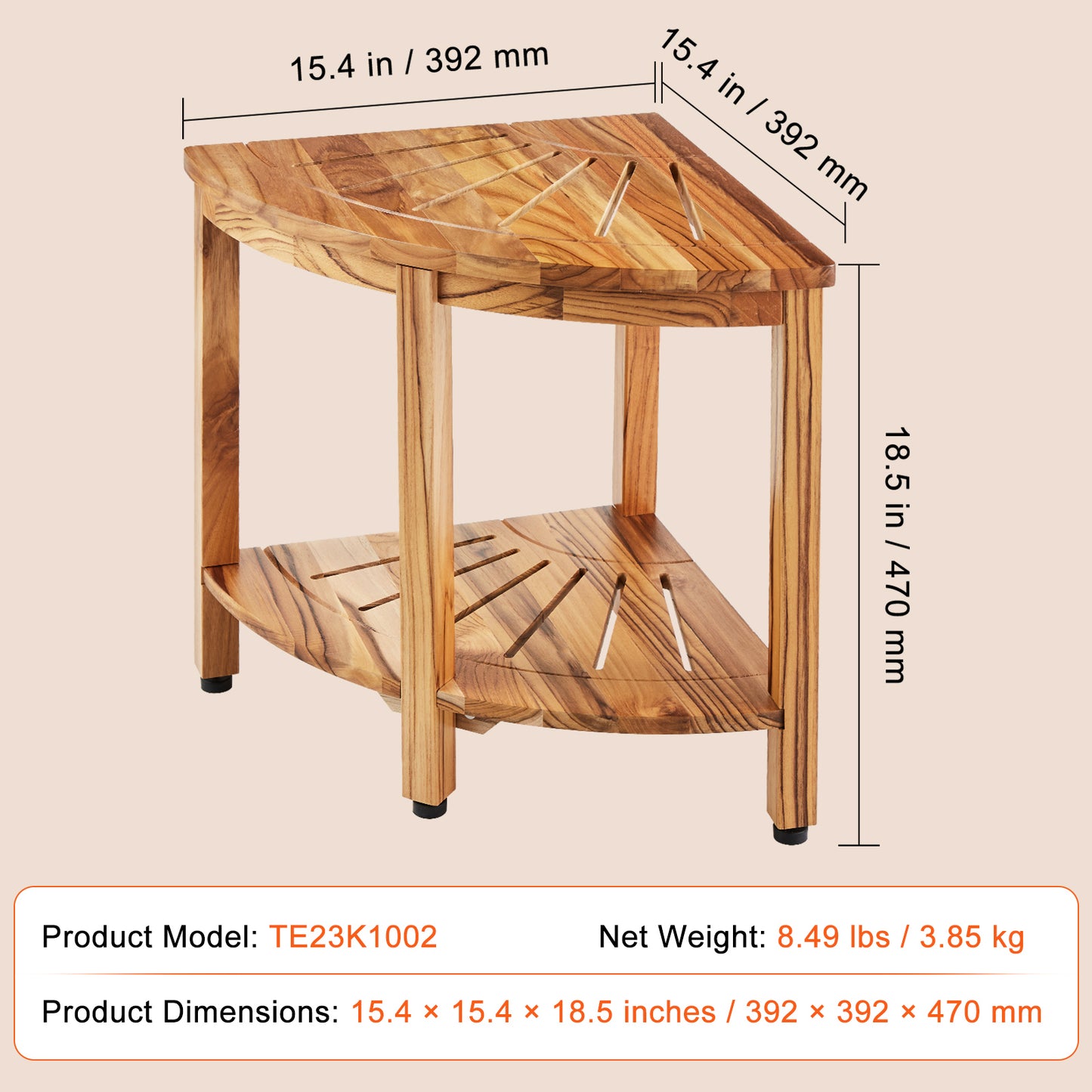 Corner Teak Shower Bench 18.5 in. H, 15.5 in. Radius, 500 lb. Heavy-Duty Teak Stool with 2-Tier Storage