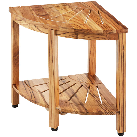 Corner Teak Shower Bench 18.5 in. H, 15.5 in. Radius, 500 lb. Heavy-Duty Teak Stool with 2-Tier Storage