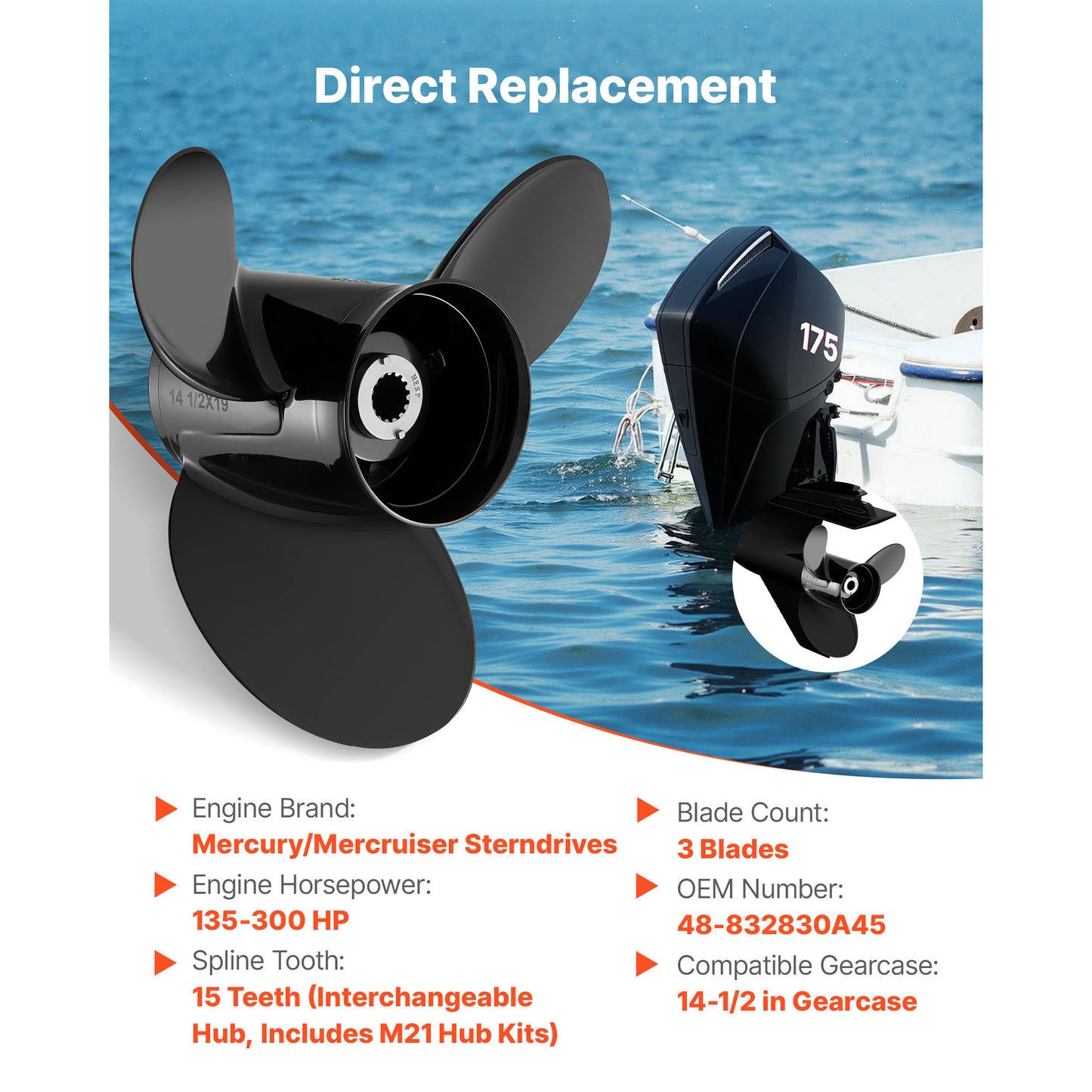 Outboard Propeller 14-1/2 in. x 19 in. 3-Blade Aluminum, 15 Spline Fit 135-300 HP Engines, 4-3/4 in. Gearcase RH