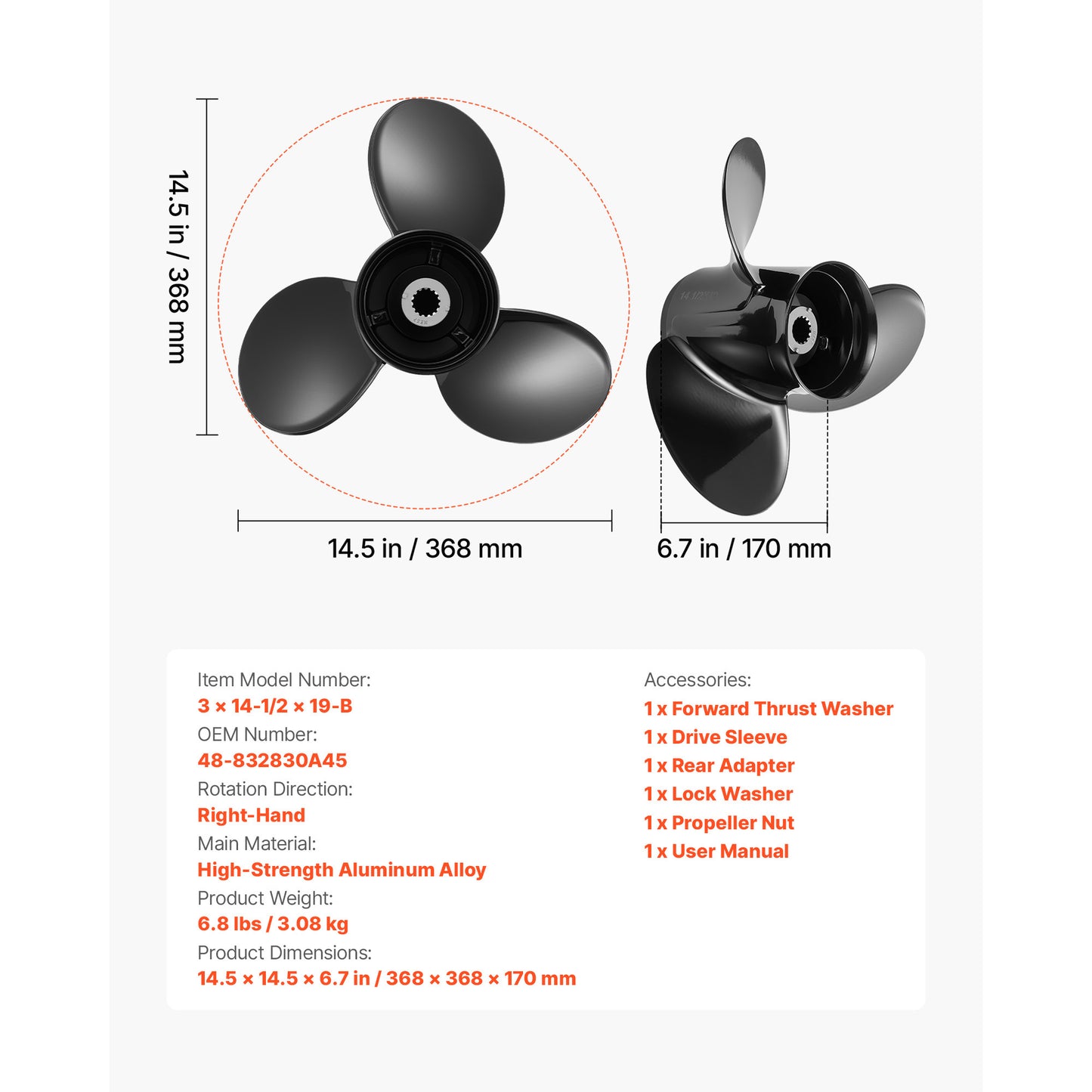 Outboard Propeller 14-1/2 in. x 19 in. 3-Blade Aluminum, 15 Spline Fit 135-300 HP Engines, 4-3/4 in. Gearcase RH