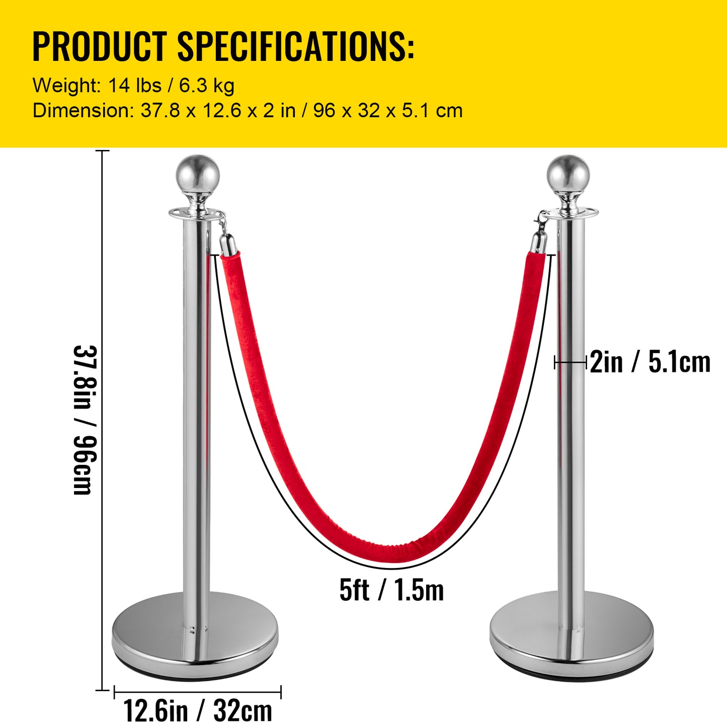 4PCS Stainless Steel Stanchion Posts Queue, Red Velvet Ropes Silver Post, 5FT Rope Barriers Queue Line Crowd Control Barriers for Party Supplies