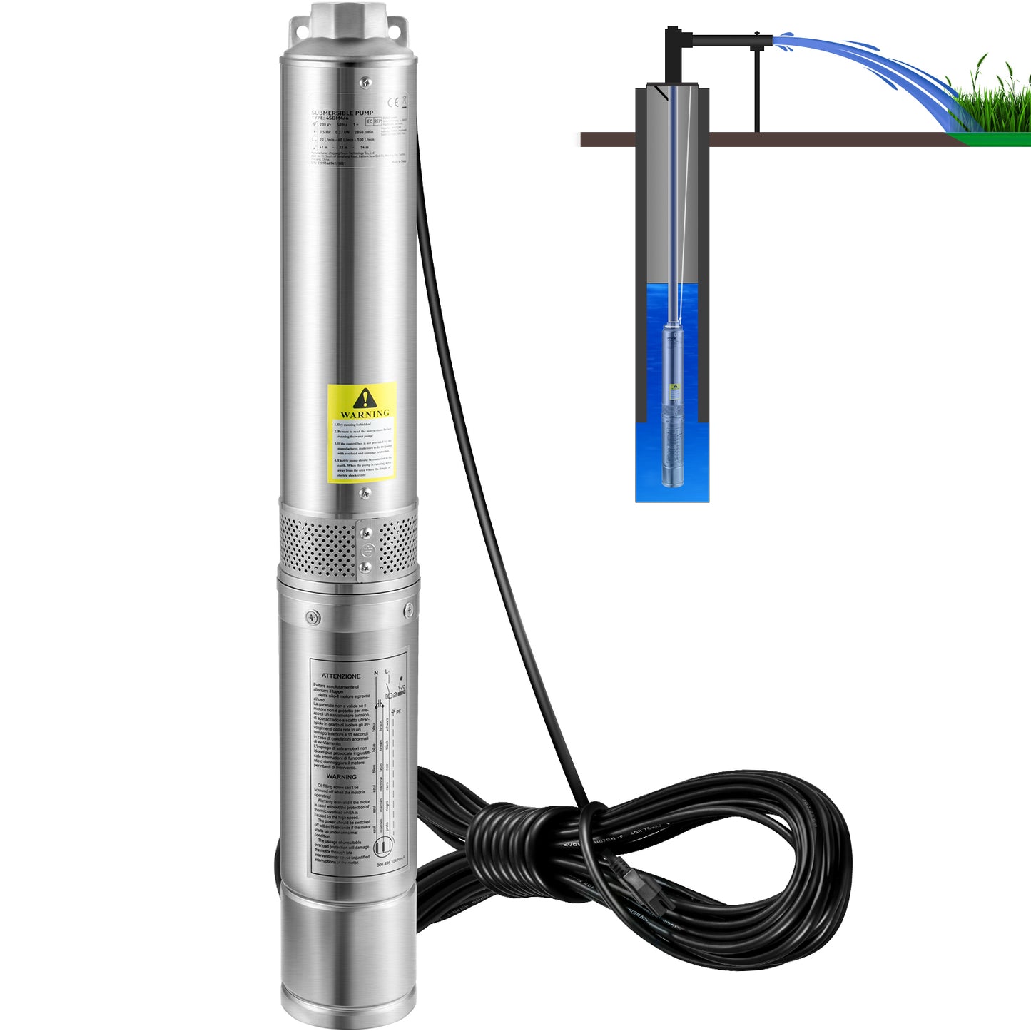 Deep Well Submersible Pump, 2HP/1500W 230V/60Hz, 37GPM Flow 427 ft Head, with 33 ft Electric Cord, 4 inch Stainless Steel Water Pumps for Industrial, Irrigation  Home Use, IP68 Waterproof Grade
