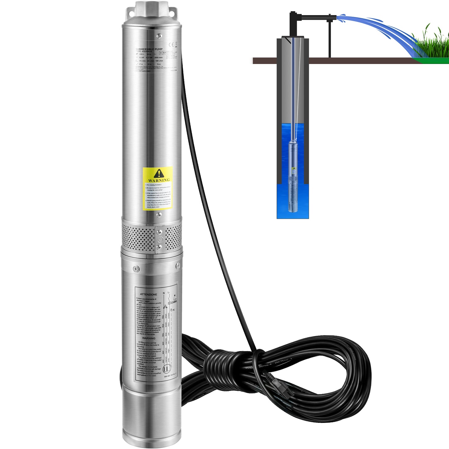Deep Well Submersible Pump, 1HP 230V/60Hz, 37gpm Flow 207ft Head, with 33ft Electric Cord, 4 Stainless Steel Water Pump for Industrial, IrrigationHome Use, IP68 Waterproof Grade