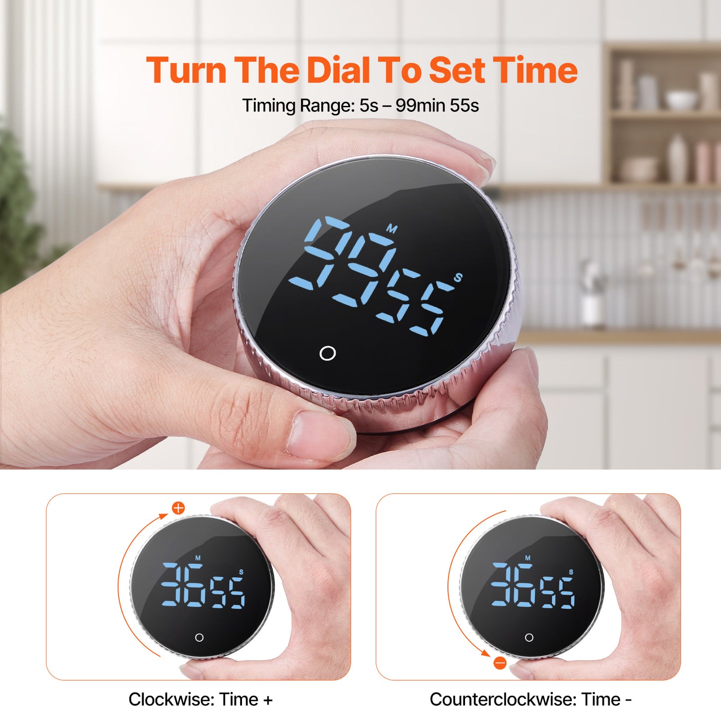 Digital Kitchen Timer, Magnetic Countdown Count Up Timer with 3 in. Large LED Display, 3 Volume  2 Light Modes