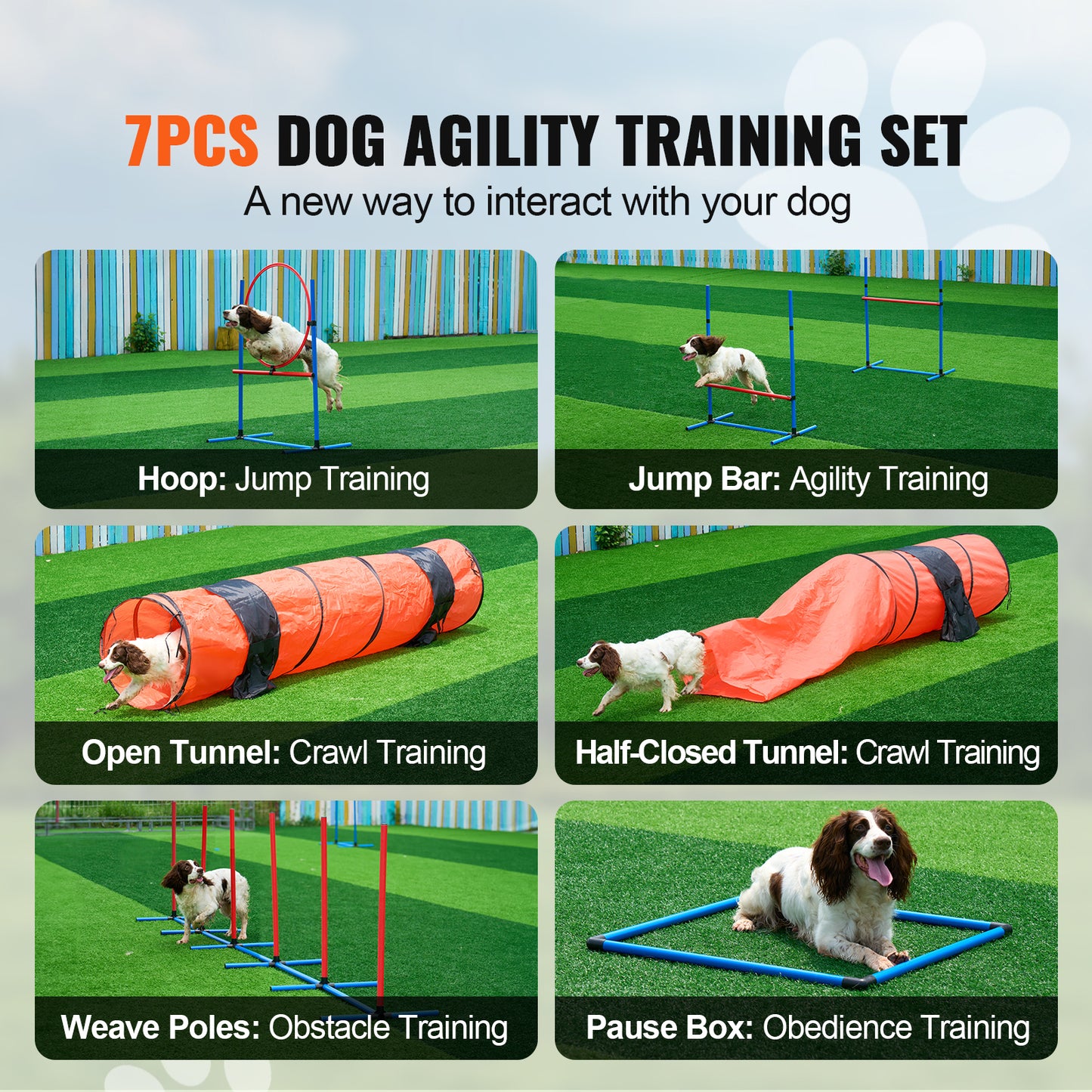 Dog Agility Training Equipment 7-Piece Upgrade Set, Hurdles, 6 Weave Poles, 2 Tunnels, Jump Ring, Pause Box
