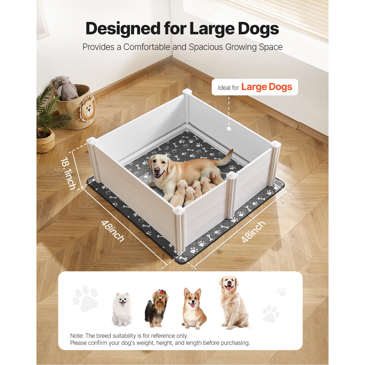 Whelping Box 48 x 48 x 18.1 in. PVC Puppy Playpen with Adjustable Door and Washable Pee Pad, Milk White