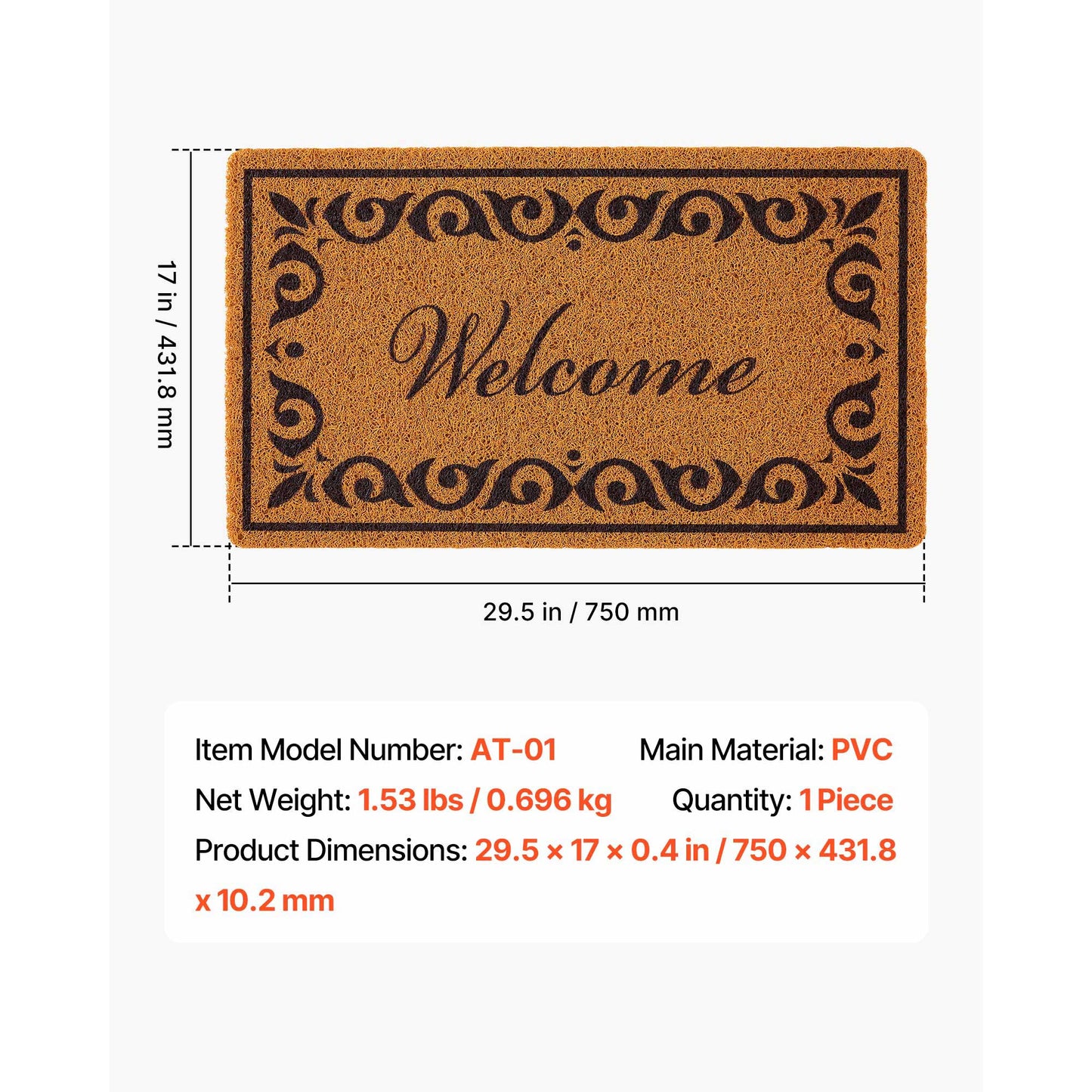 29.5 x 17 in. Coir Door Mat, All-Weather Welcome Doormat, Non-Slip PVC Back, Low-Profile Faux Coir Entry