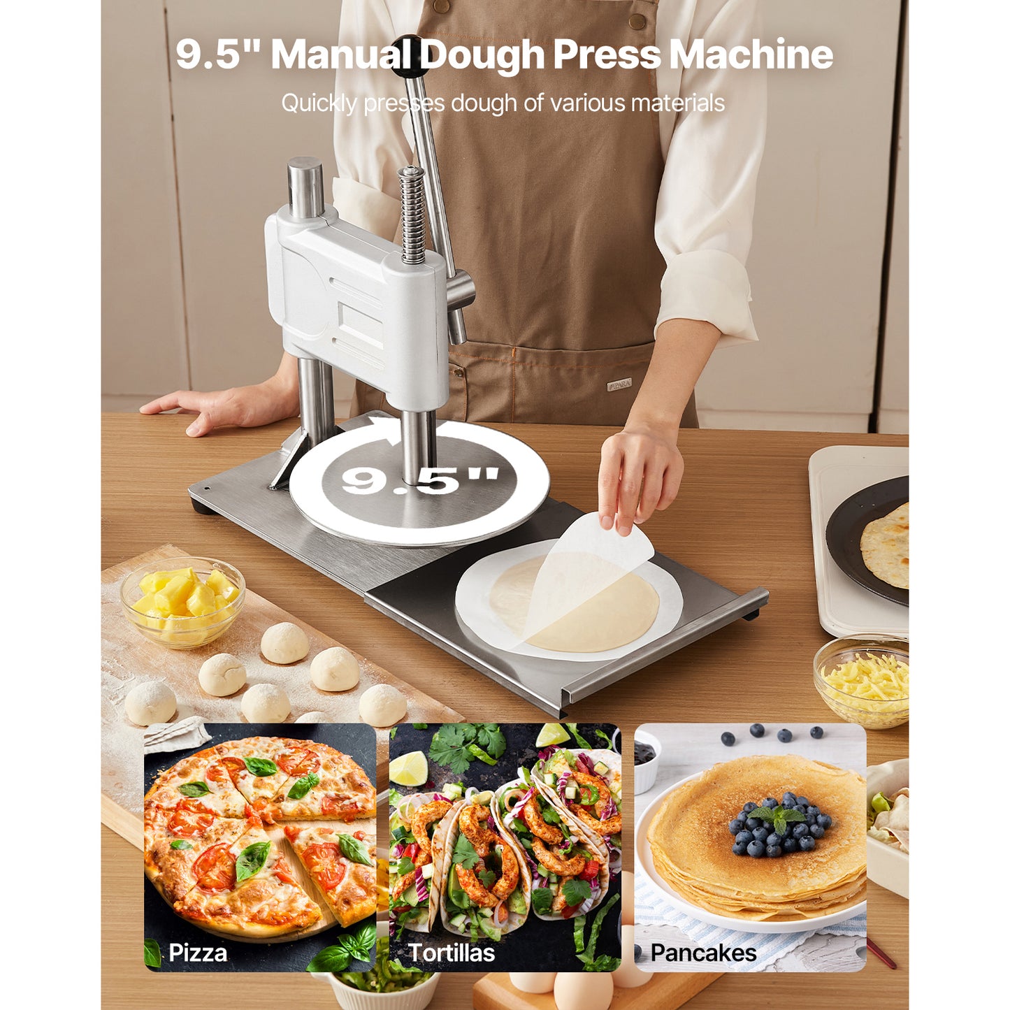 Manual Pizza Dough Press, 9.5 in. Stainless Steel Tortilla Maker with Lever, 100 Parchment Sheets, Commercial