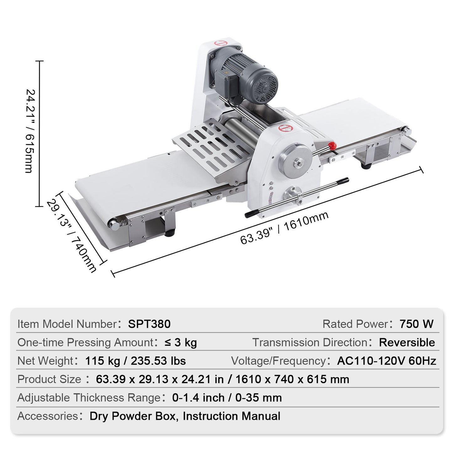 Commercial Dough Sheeter 15.7 in., 750W Reversible Pastry Roller, 0-1.4 in. Adjustable Thickness, Folding Bakery Machine
