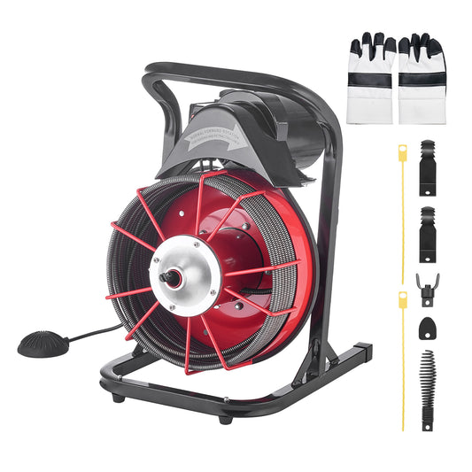 Drain Cleaner Machine 75 FT x 3/8 Inch, Sewer Snake Auger Manual Feed with 4 Cutters  Air-activated Foot Switch for 2in to 4in Pipes