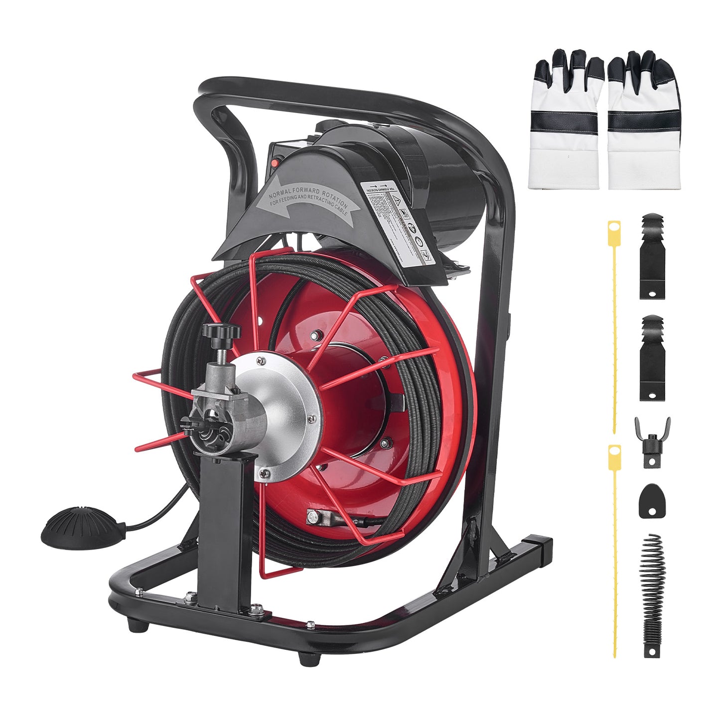 Drain Cleaner Machine 50 FT x 5/16 Inch, Auto Feed Sewer Snake Auger with 4 Cutters  Air-Activated Foot Switch for 2in to 4in Pipes