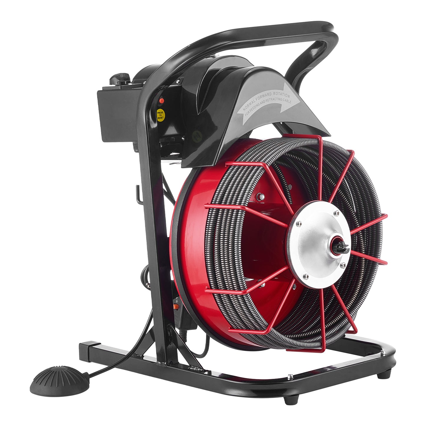 Drain Cleaner Machine 75 FT x 3/8 Inch, Sewer Snake Auger Manual Feed with 4 Cutters  Air-activated Foot Switch for 2in to 4in Pipes