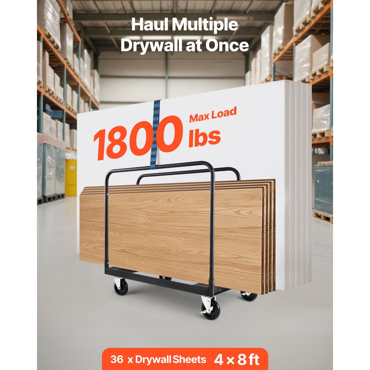 Drywall Cart Dolly, 1800 lbs Load Capacity, Steel Panel Truck Cart with 5 inch Swivel Casters, Lumber Drywall Dolly with with Tie-Down Strap  3 Side Handrails for Factory, Warehouse, Garage, Black