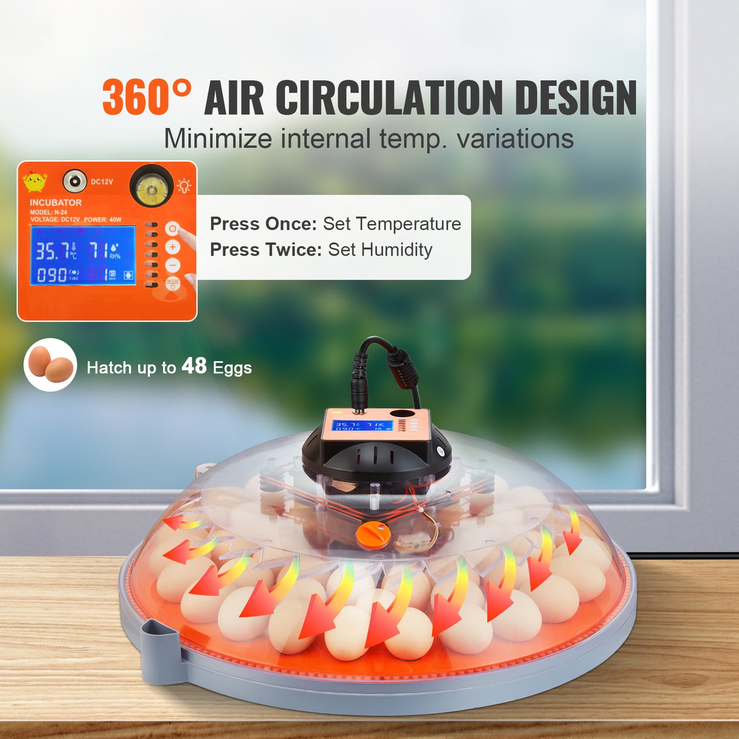 48 Egg Incubator with 360-Degree Automatic Egg Turner Temperature and Humidity Display Dual Power for Chicken Duck Quail
